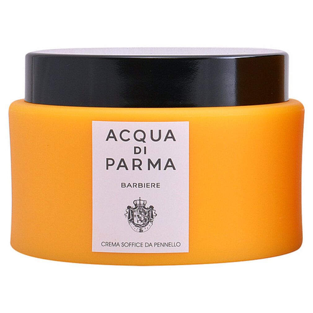 Gelbe Dose mit schwarzem Deckel. "Acqua di Parma Barbiere"-Etikett und Wappen.