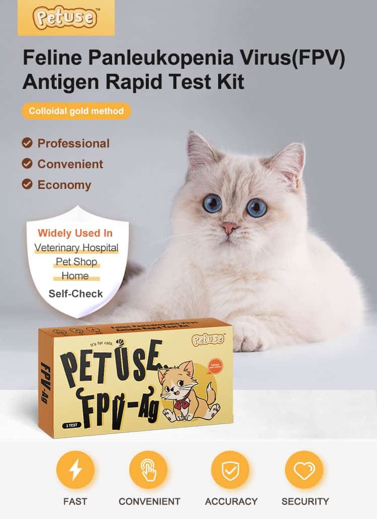 Feline Panleukopenie Virus (FPV) Antigen Rapid Test Kit mit Katze und Produktmerkmalen.
