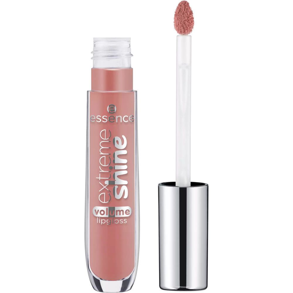 Essence Extreme Glanz Volumen Lipgloss. Tube mit Applikator. Rosa Inhalt. Schriftzug: Extreme Shine, Volume Lipgloss. Silberner Deckel.