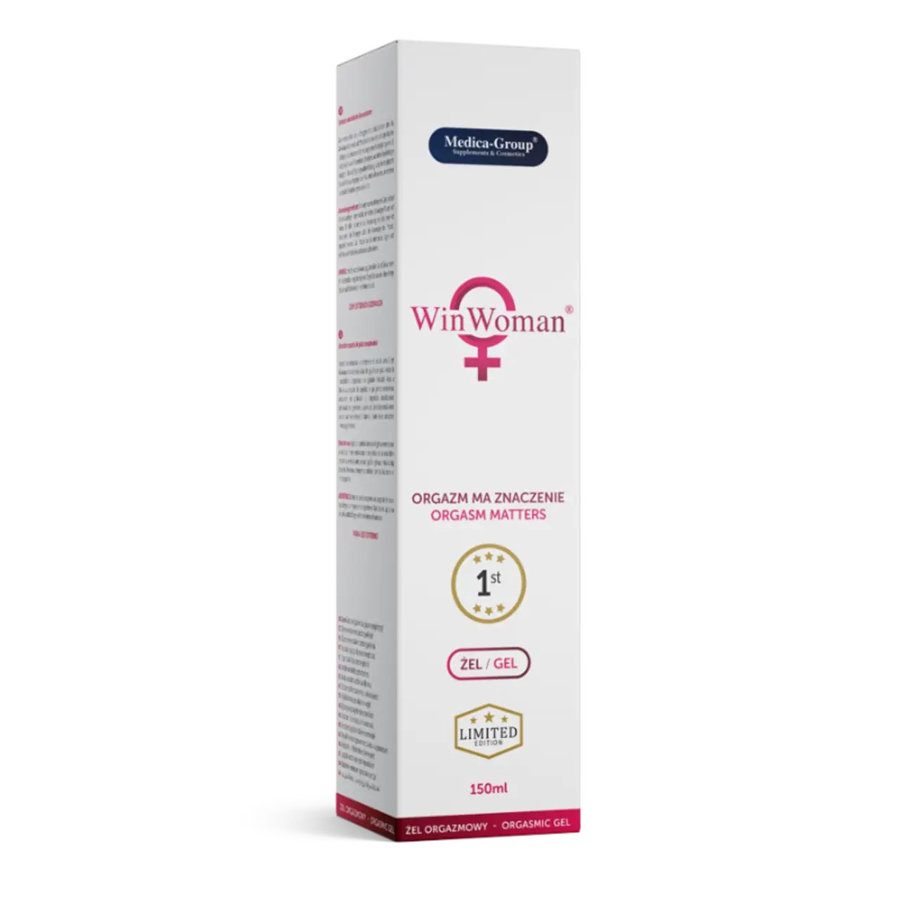 WinWoman Gel-Verpackung. Weißer Karton mit Logo, Produktname und Text. Rosa Frauen-Symbol. 150ml.