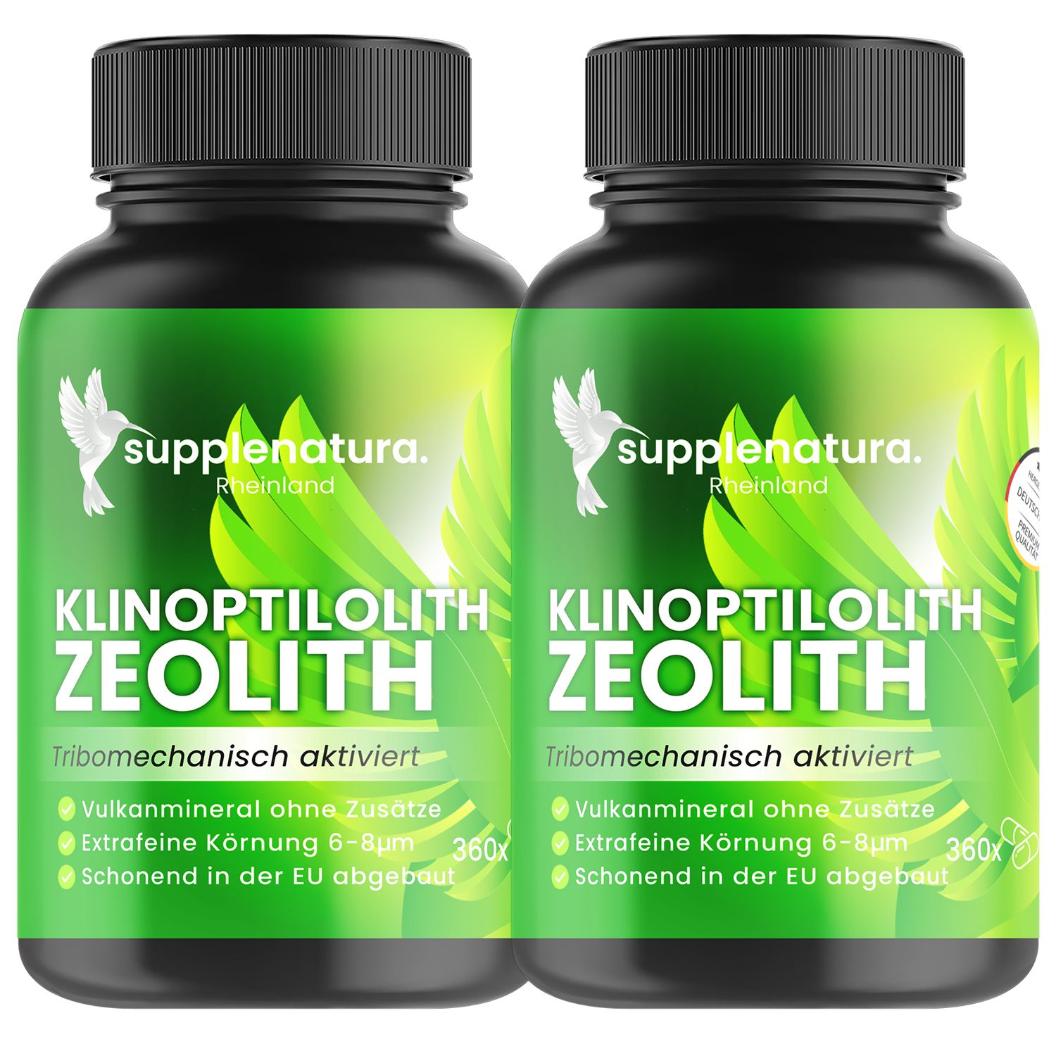 Zwei schwarze Flaschen mit grünen Etiketten. Auf den Etiketten steht "supplenatura Rheinland", "KLINOPTILOLITH ZEOLITH".