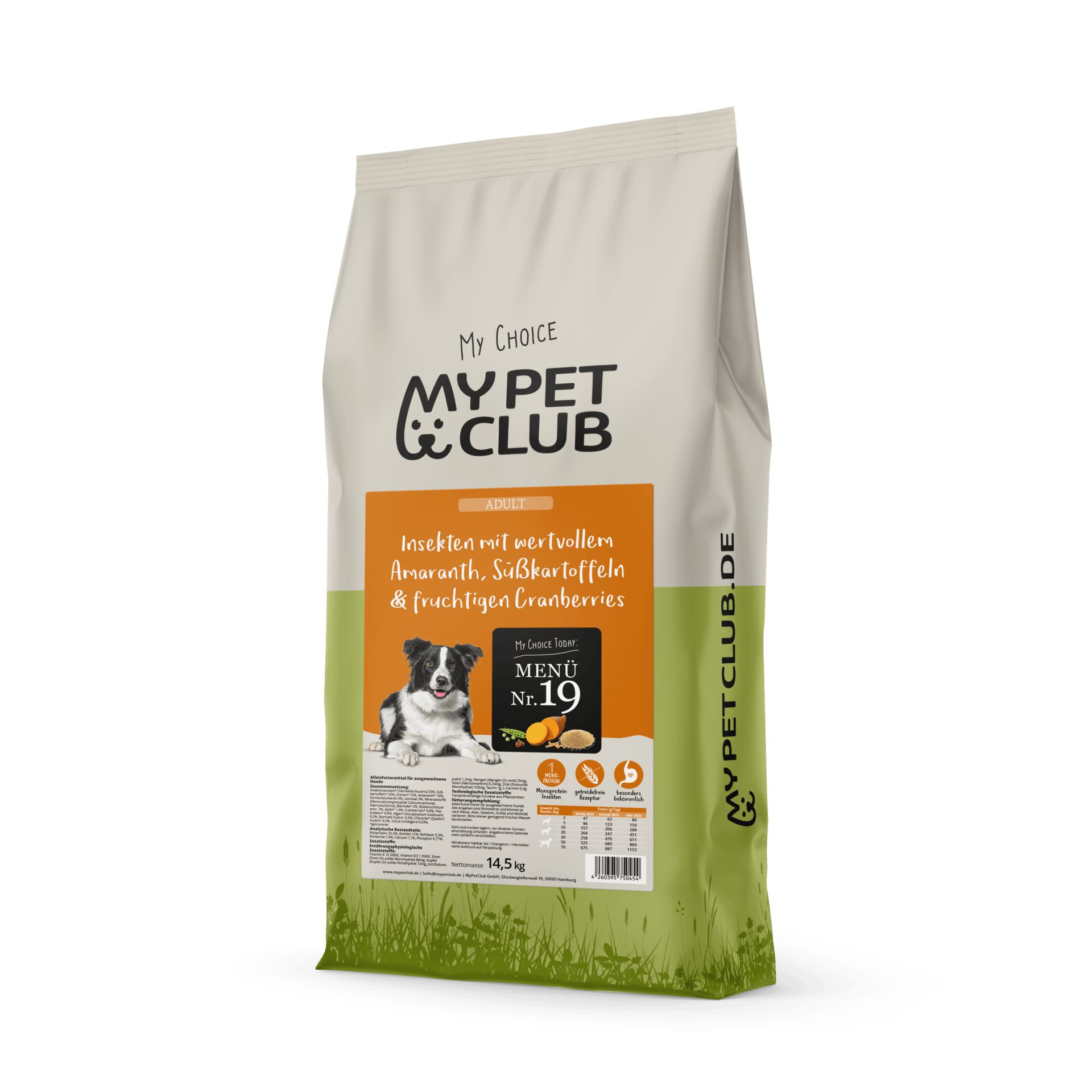 Beutel Hundefutter mit Aufdruck. Enthält Insekten, Süßkartoffeln und Cranberries. Marke: MyPetClub.de. Menü Nr. 19. Gewicht: 14,5 kg.