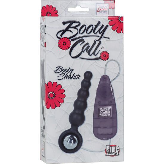 Verpackung mit schwarzem Analvibrator und Steuerteil. Aufschrift "Booty Call" und "Pure Silicone".