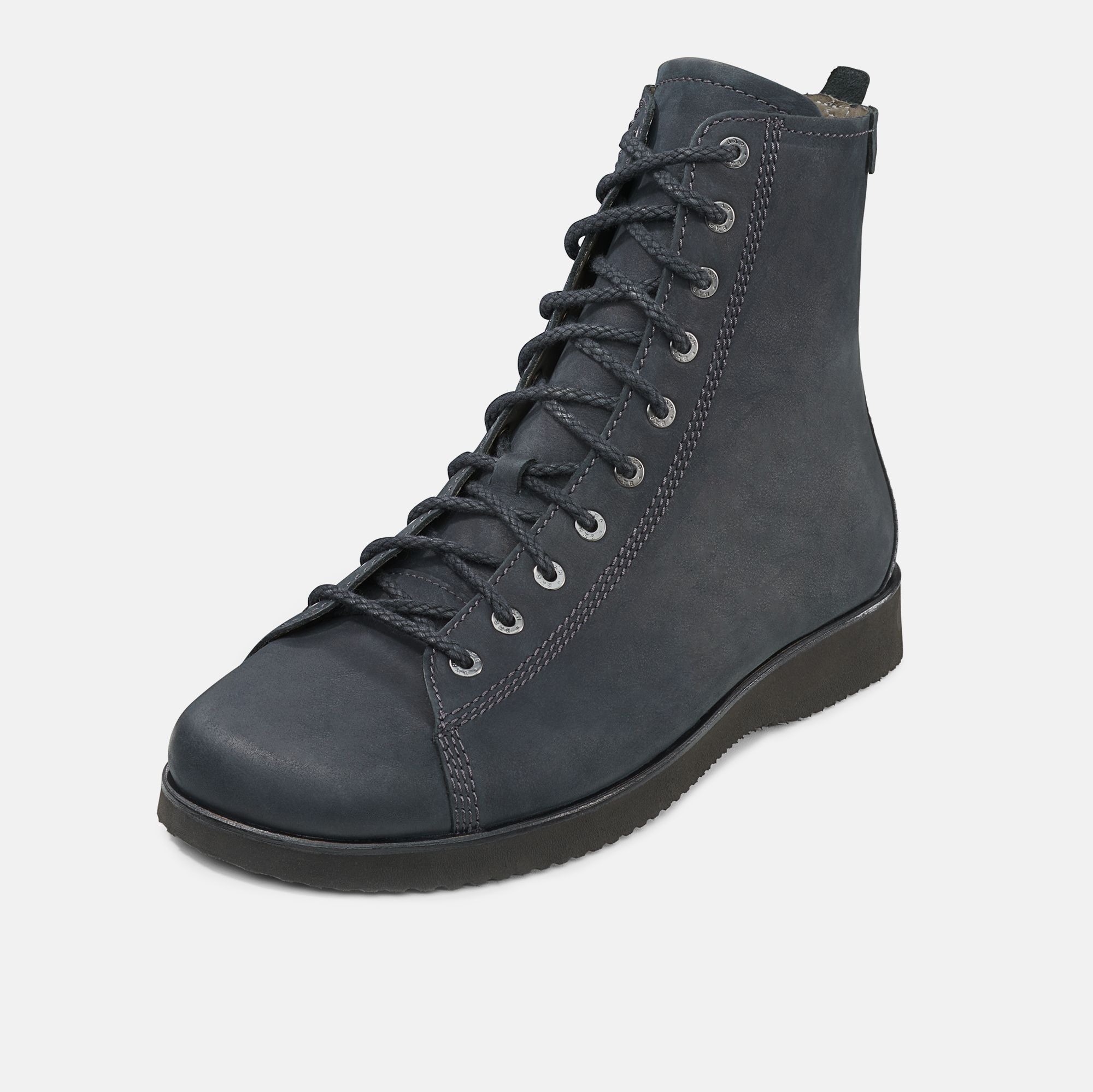 Dunkelblaue Stiefelette mit Schnürung und Reißverschluss. Schwarze Sohle. Breiter Schnitt.