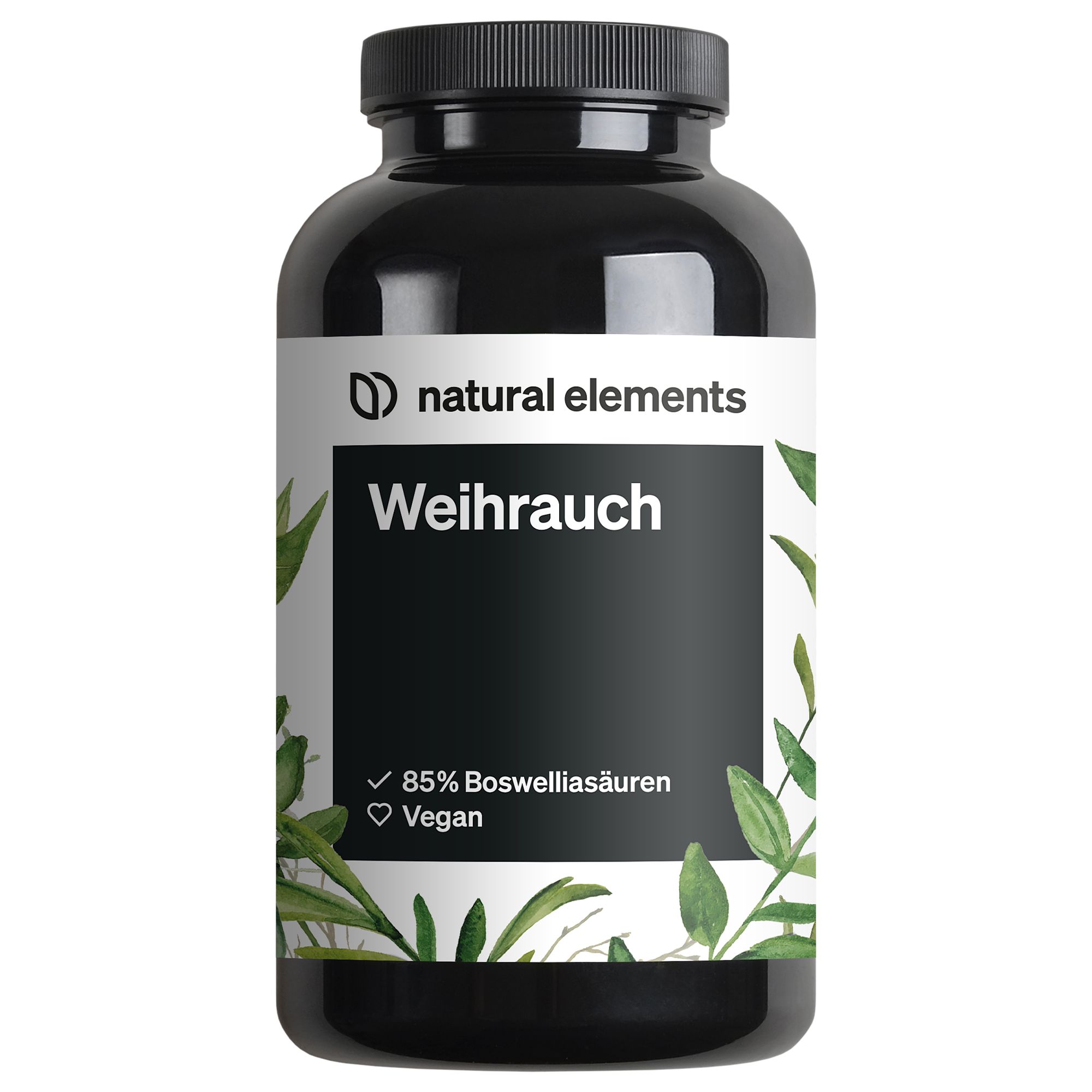 Schwarze Flasche mit weißem Etikett. Aufschrift: natural elements, Weihrauch, 85% Boswelliasäuren, Vegan. Grüne Blätter als Dekoration.
