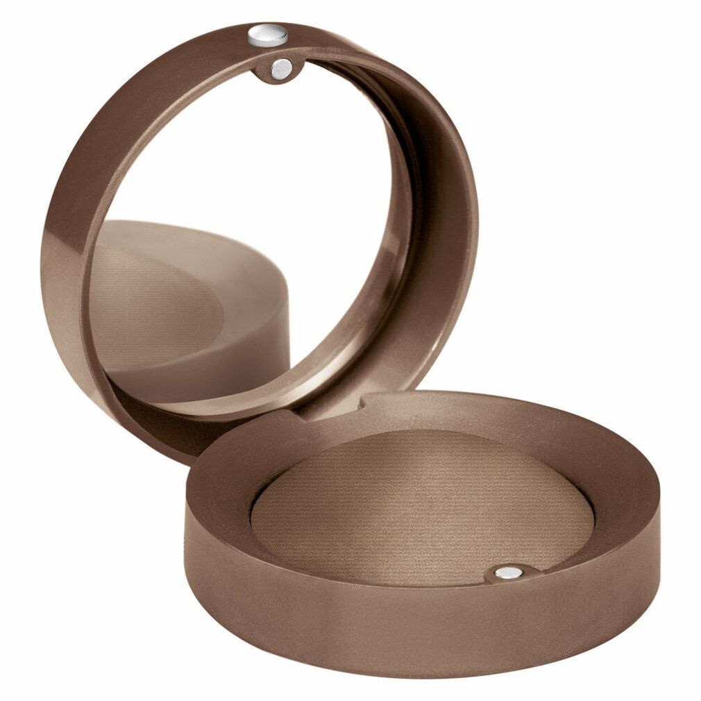 Runder, brauner Lidschatten-Behälter mit Spiegel. Geöffnet, Lidschatten in Braun. Deckel mit Spiegel. Kleiner, runder Behälter.