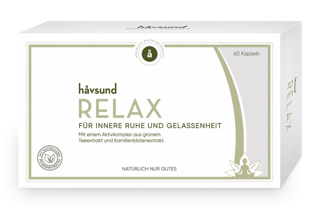 Weiße Schachtel mit "håvsund RELAX"-Schriftzug. Text: "Für innere Ruhe und Gelassenheit". Logo mit 60 Kapseln.