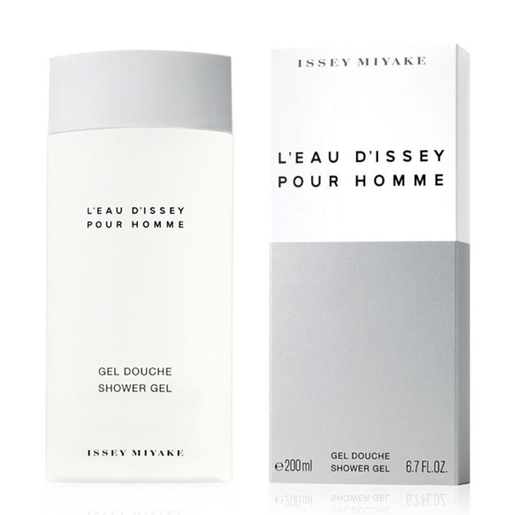 Issey Miyake Duschgel und Verpackung. Aufschrift: L'Eau d'Issey pour Homme, Gel Douche, Shower Gel. 200ml, 6.7 fl.oz. Weiße Verpackung.