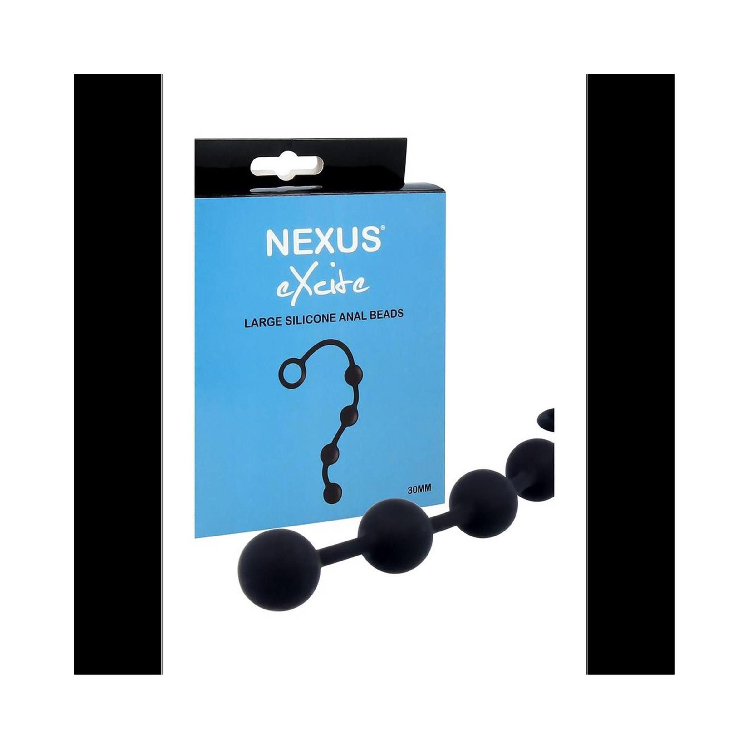 Schwarze Silikon-Analperlen mit Verpackung. Aufschrift: Nexus Excite, Large Silicone Anal Beads. Blaue Schachtel.
