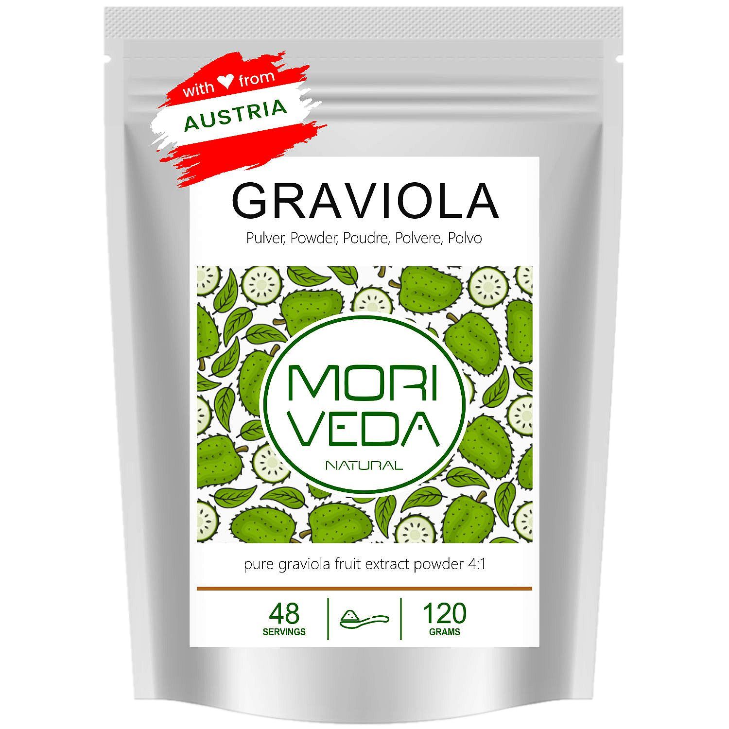 Beutel mit Graviola-Pulver. Aufschrift: MORI VEDA, Graviola, 4:1 Extrakt. Mit Österreich-Siegel. 48 Portionen, 120 Gramm.