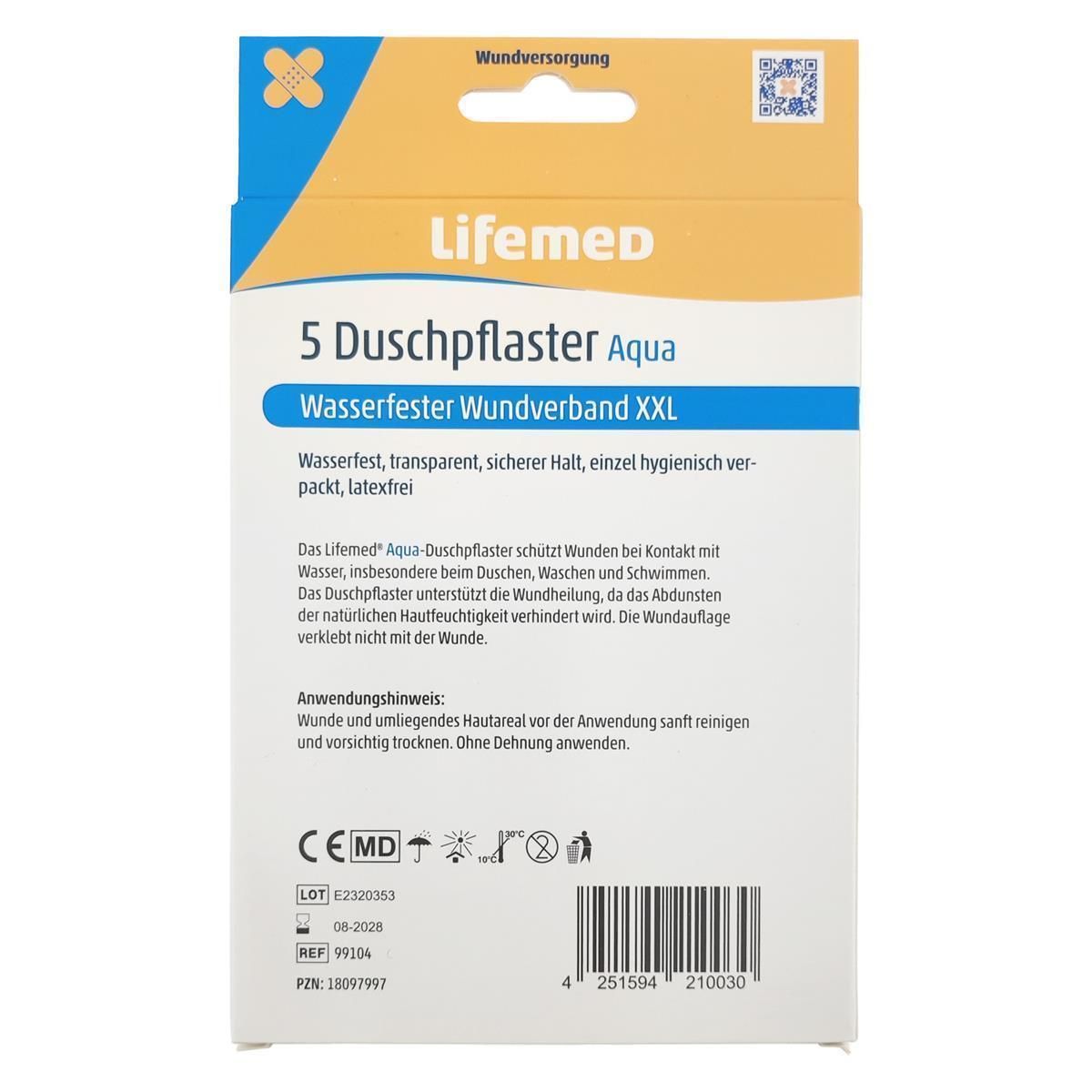 Rückseite der Verpackung von Lifemed Duschpflaster XXL. Textinformationen, CE-Kennzeichnung, Chargennummer und Verfallsdatum.