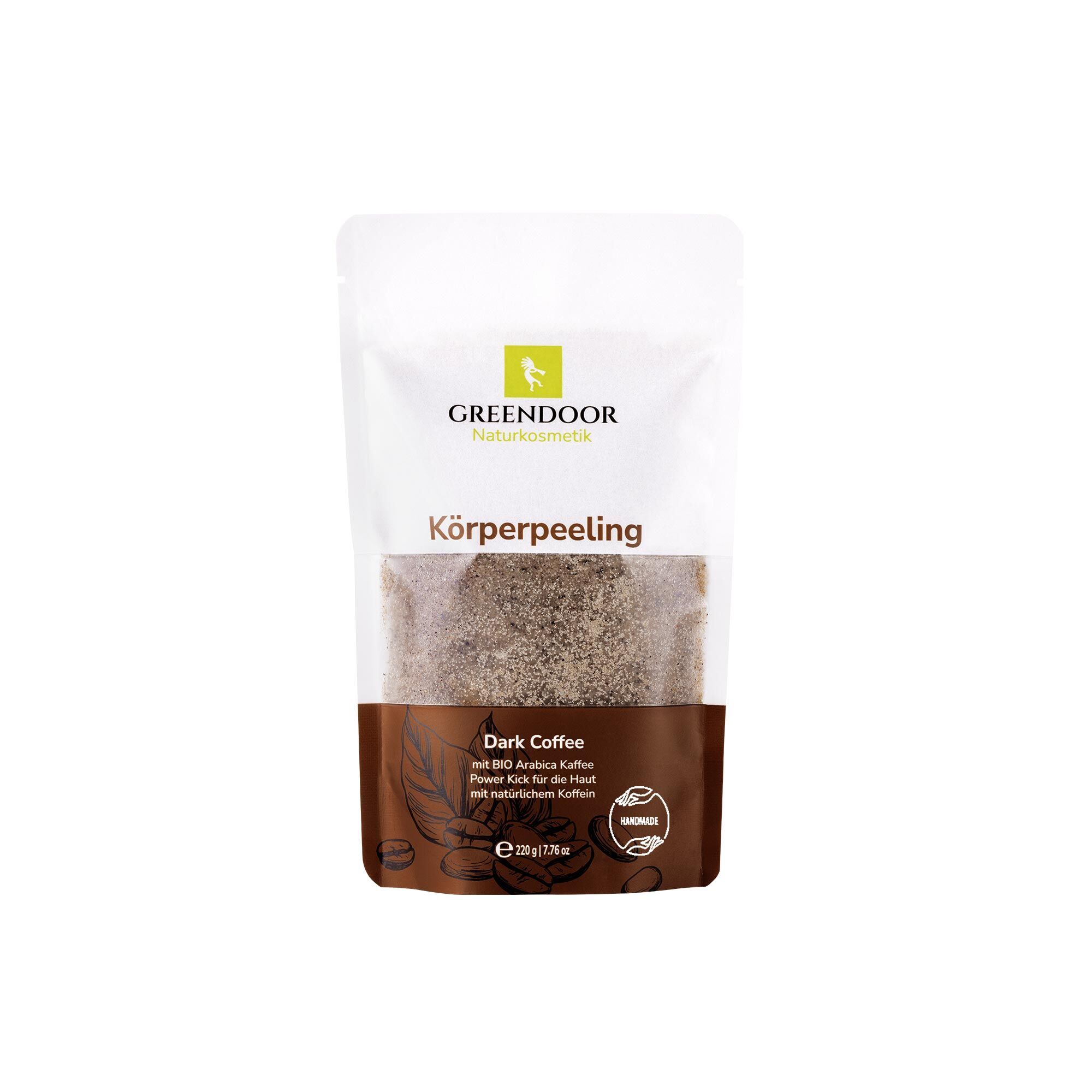 GREENDOOR Körperpeeling Dark Coffee in einem Standbeutel mit sichtbarem Peelinginhalt. Enthält BIO Arabica Kaffee.