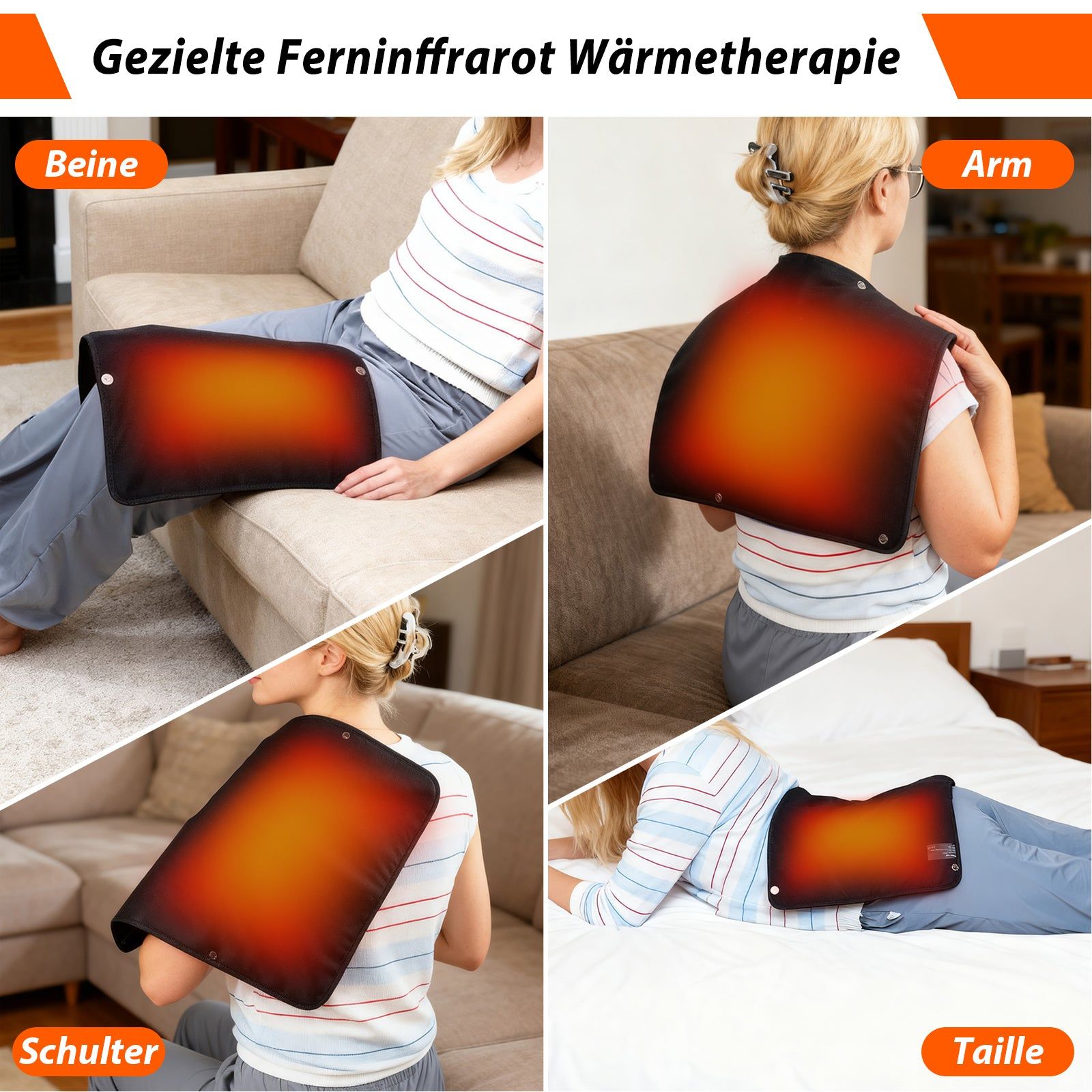 Anwendungsbeispiele: Beine, Arm, Schulter, Taille. Heizkissen in verschiedenen Positionen am Körper.