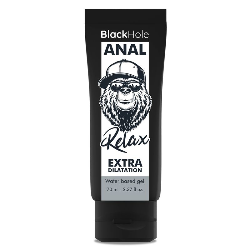 Schwarze Tube. Aufdruck: Black Hole ANAL, Relax, Extra Dilatation. Text: Water based gel.