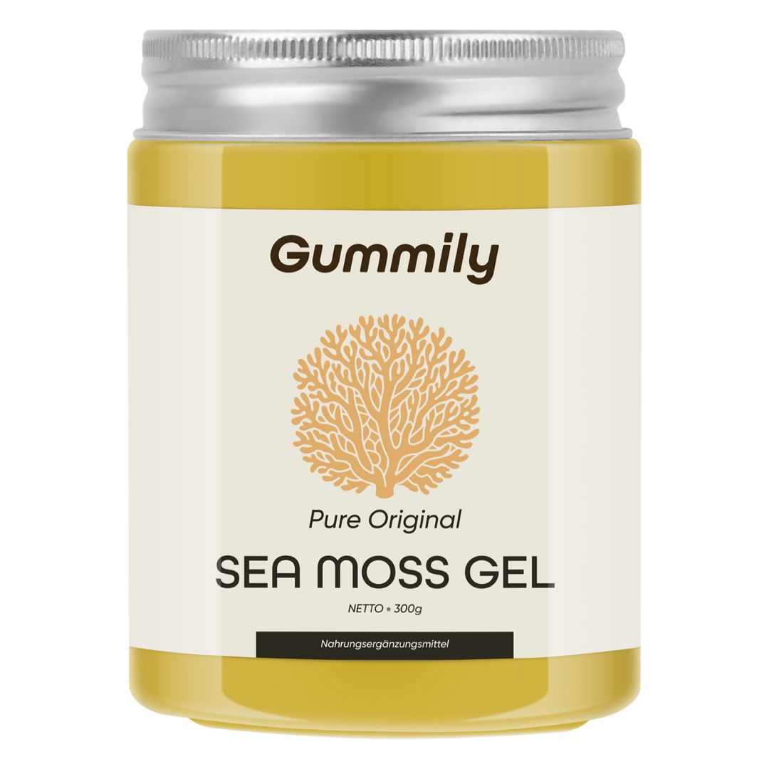 Glas mit gelbem Gel, silbernem Deckel und weißem Etikett. Aufschrift: Gummily, Sea Moss Gel, Pure Original. Nettogewicht: 300g.