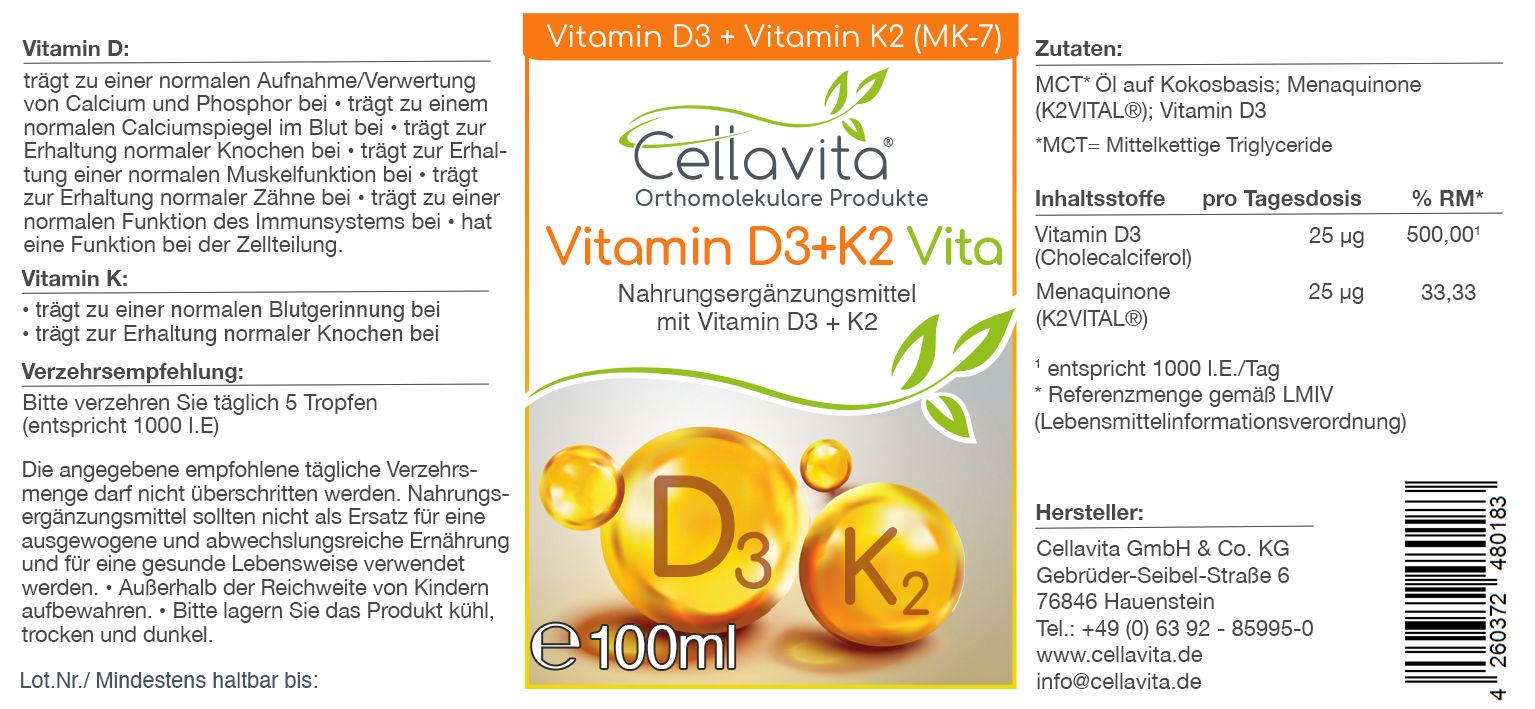 Flasche mit Cellavita Vitamin D3+K2 Vita Nahrungsergänzungsmittel, 100ml.