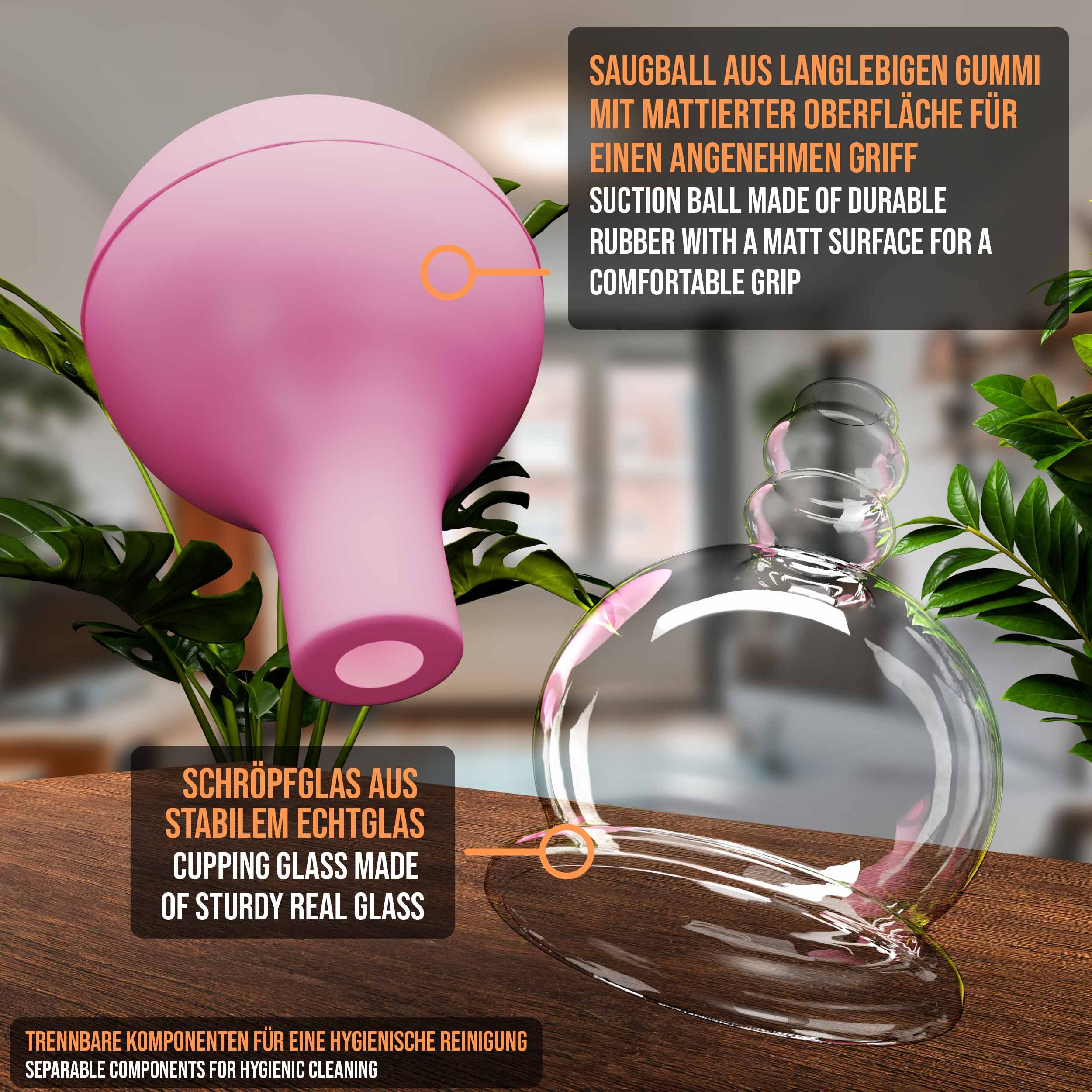 Pulox Schröpfgläser aus Echtglas mit Saugball - Set Duo klein in Pink: 25mm, 32mm