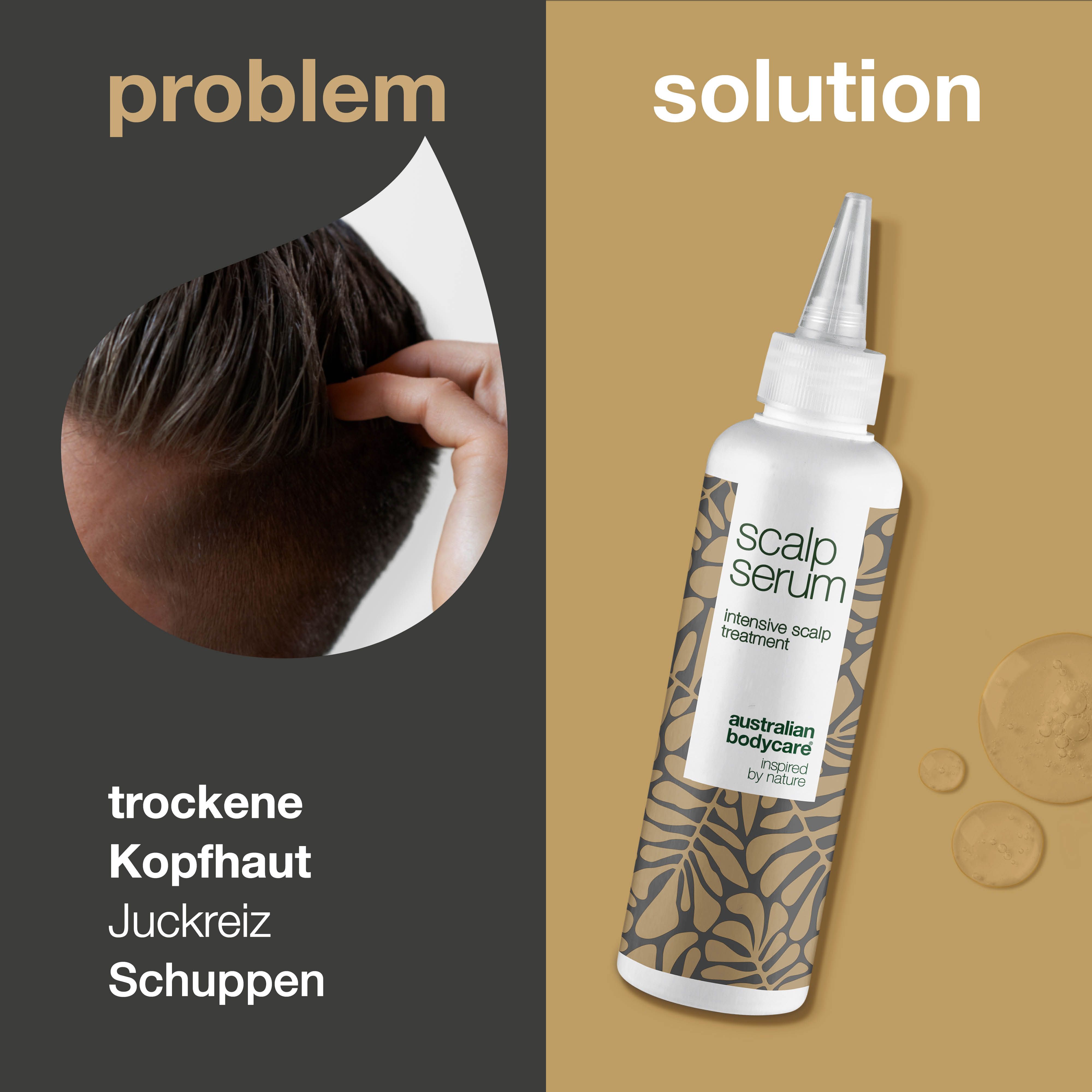 Problem-Lösung-Darstellung. Trockene Kopfhaut, Juckreiz, Schuppen. Serumflasche: Scalp Serum, Australian Bodycare.