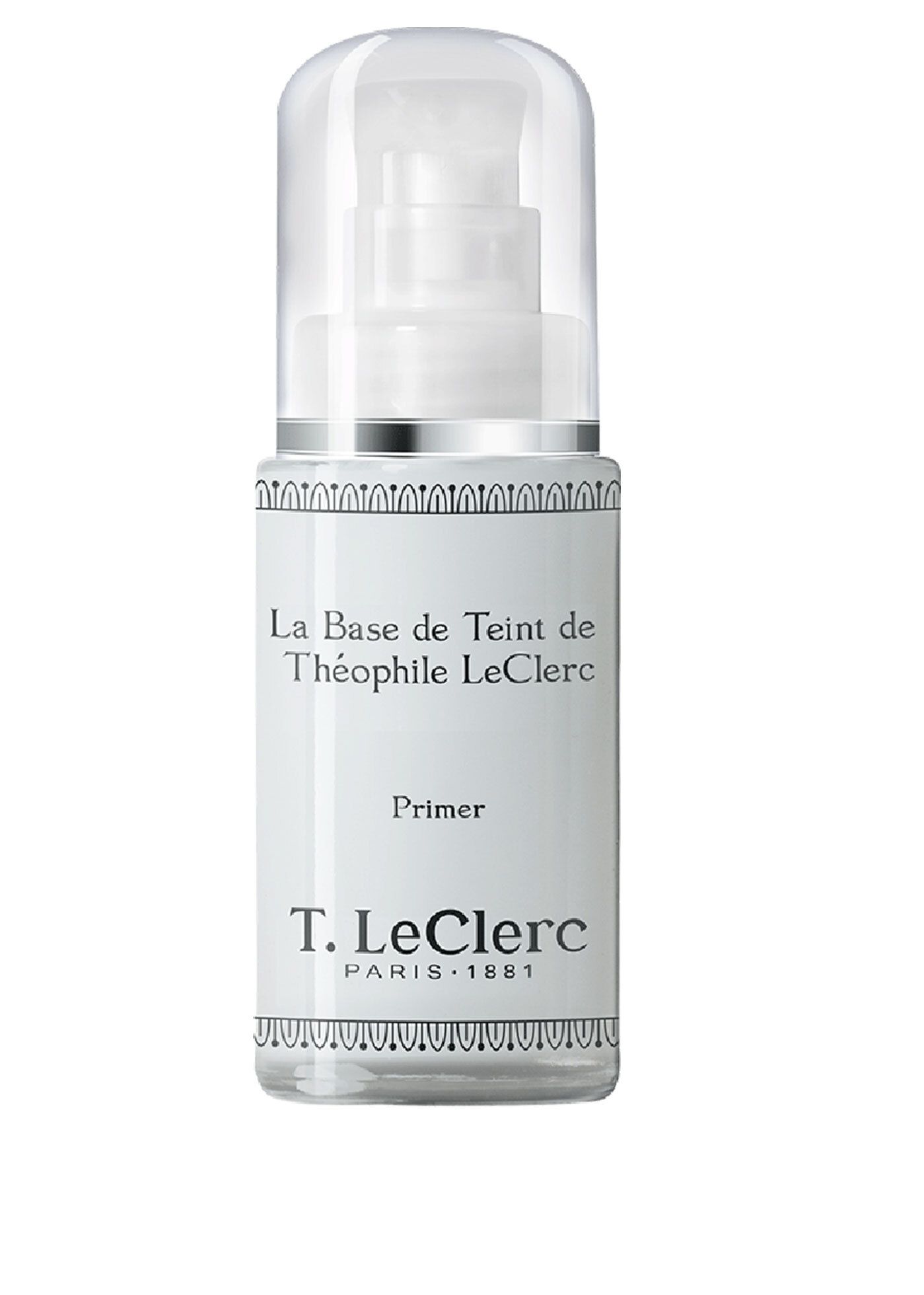 Weißer Primer-Flakon mit transparentem Deckel. Aufschrift: La Base de Teint de Théophile LeClerc, Primer, T. LeClerc Paris 1881.