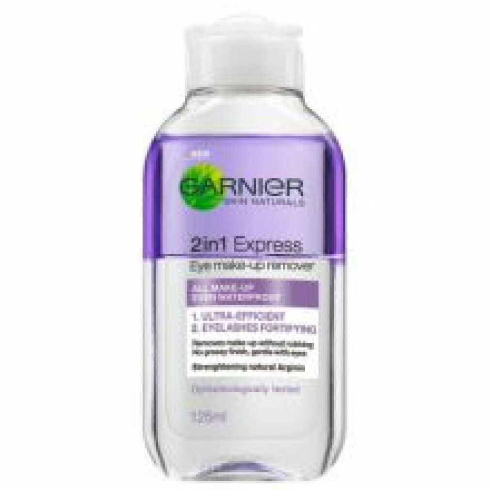 Flasche Garnier 2in1 Express Augen-Make-up Entferner. Violett-weiße Flüssigkeit, weißer Deckel. Text: Garnier, 2in1 Express, Augen-Make-up Entferner.