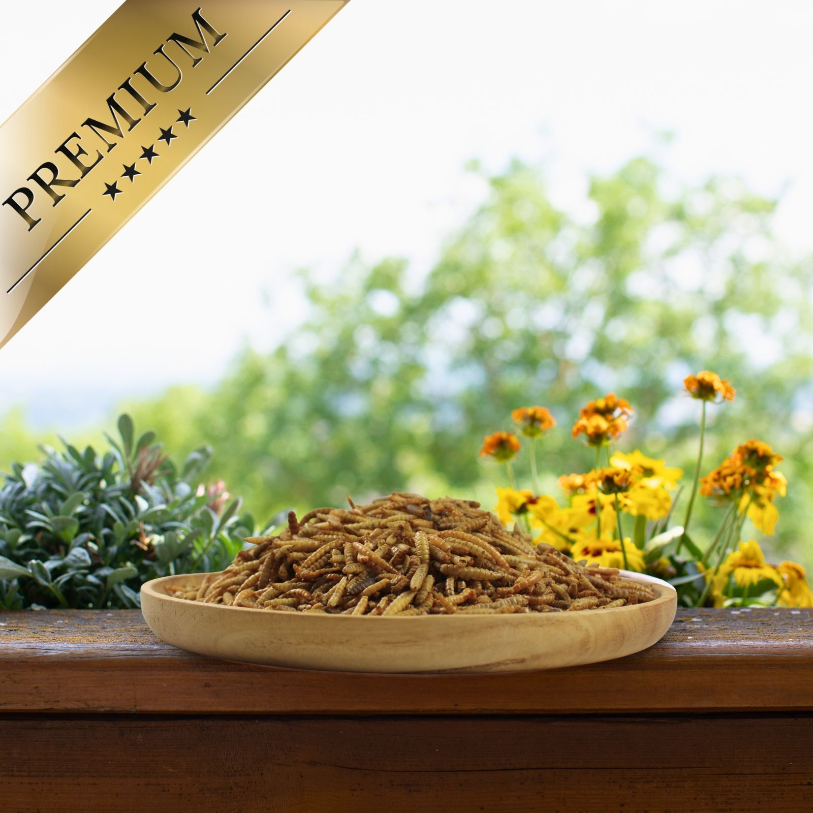 Holzschale mit Mehlwürmern vor blühendem Hintergrund, "Premium"-Banner oben links.