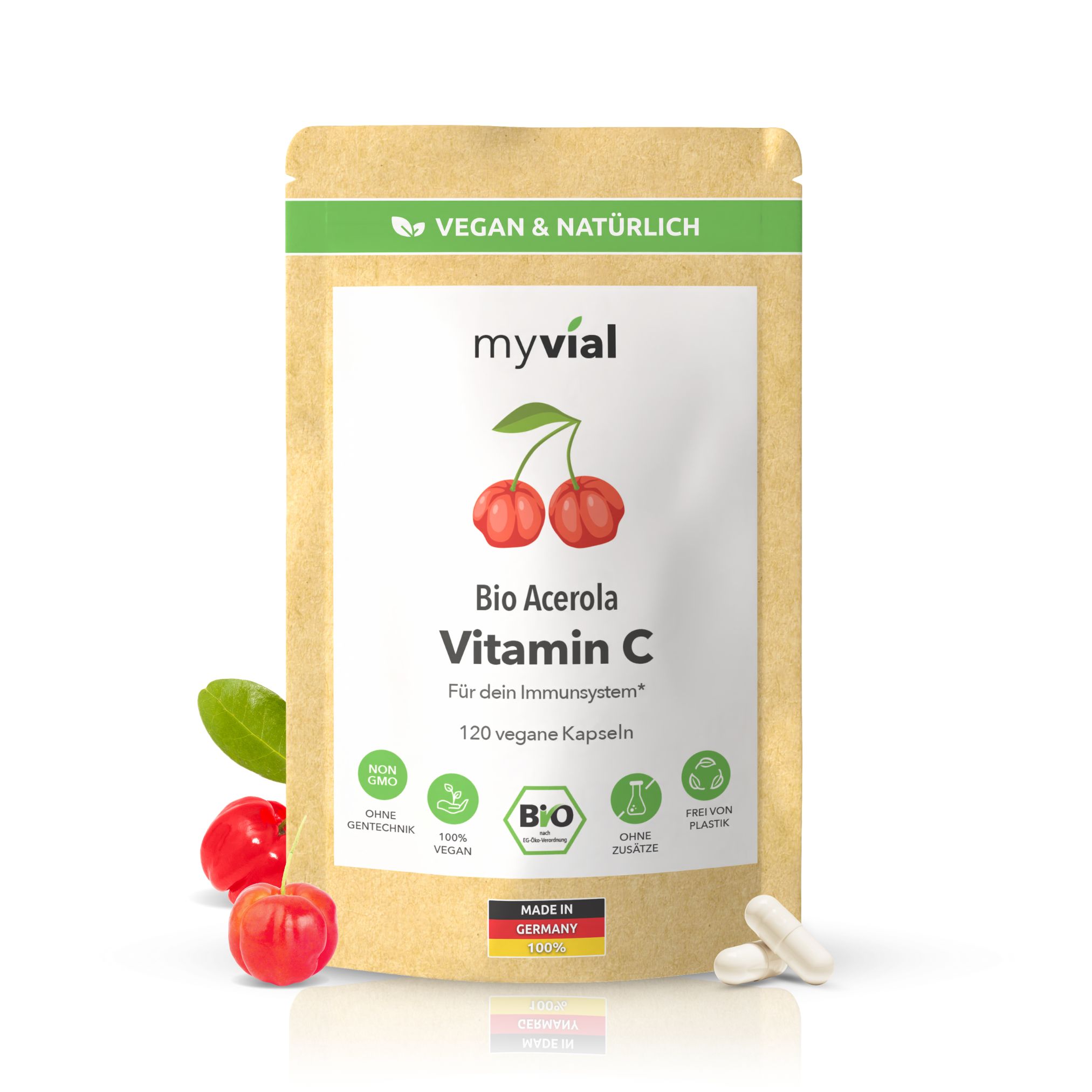 myvial® Bio Acerola Vitamin C Kapseln - natürliches Vitamin C - 68 mg je Kapsel