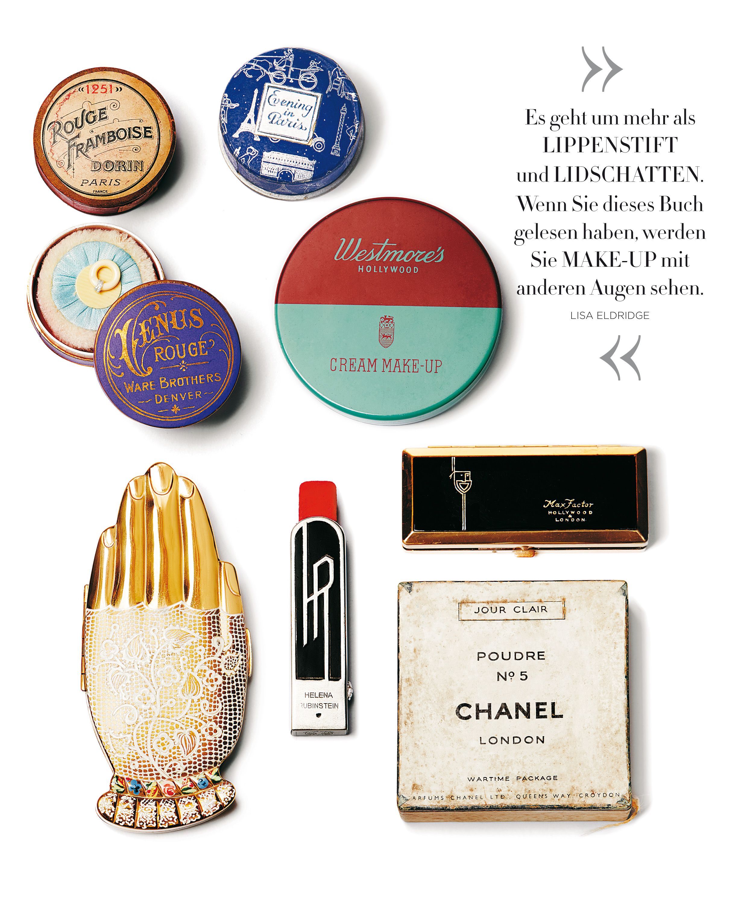 Verschiedene Kosmetikdosen und -verpackungen. Vintage-Design. Einige Dosen geöffnet.