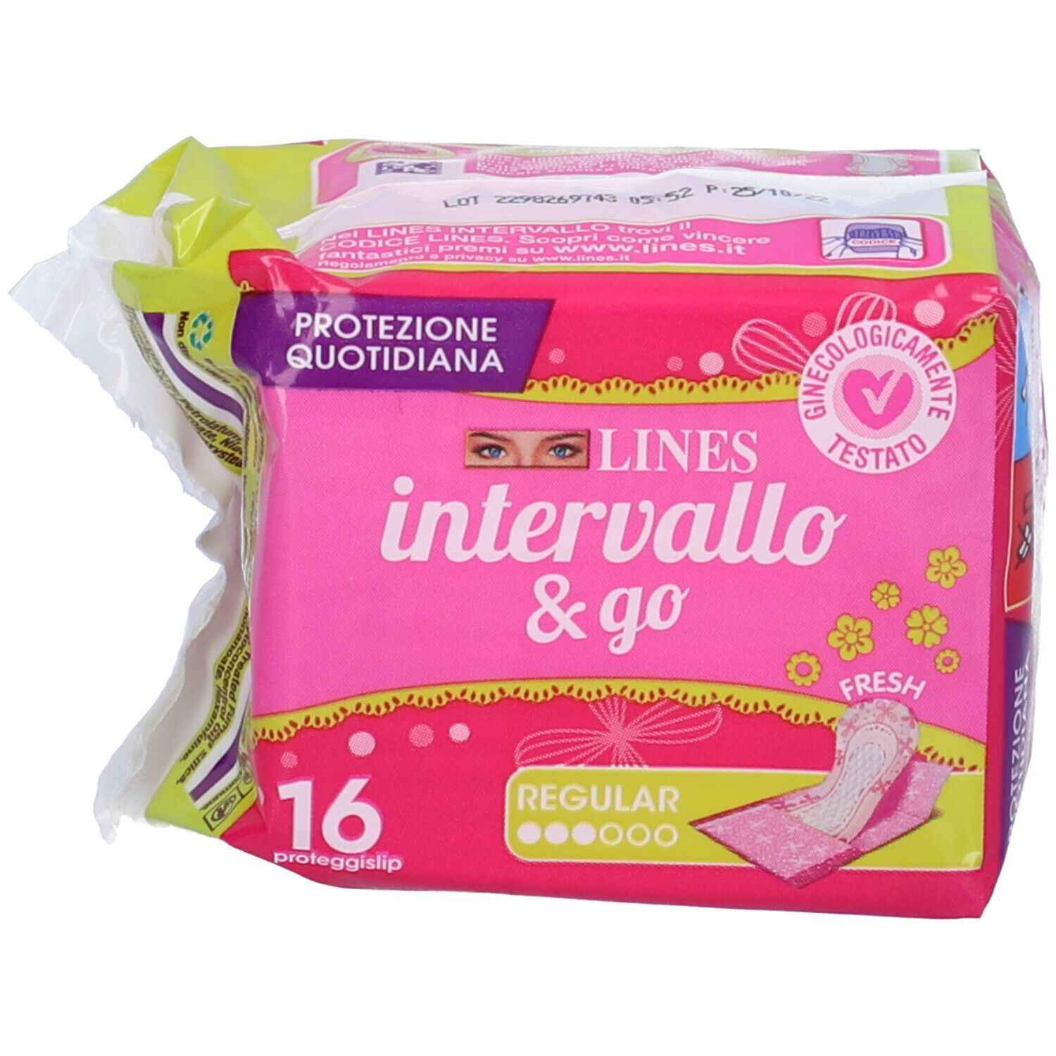 Packung mit 16 Lines Intervallo & Go Fresh Einlagen, Regular, mit täglichem Schutz und Gynäkologisch getestet Siegel.