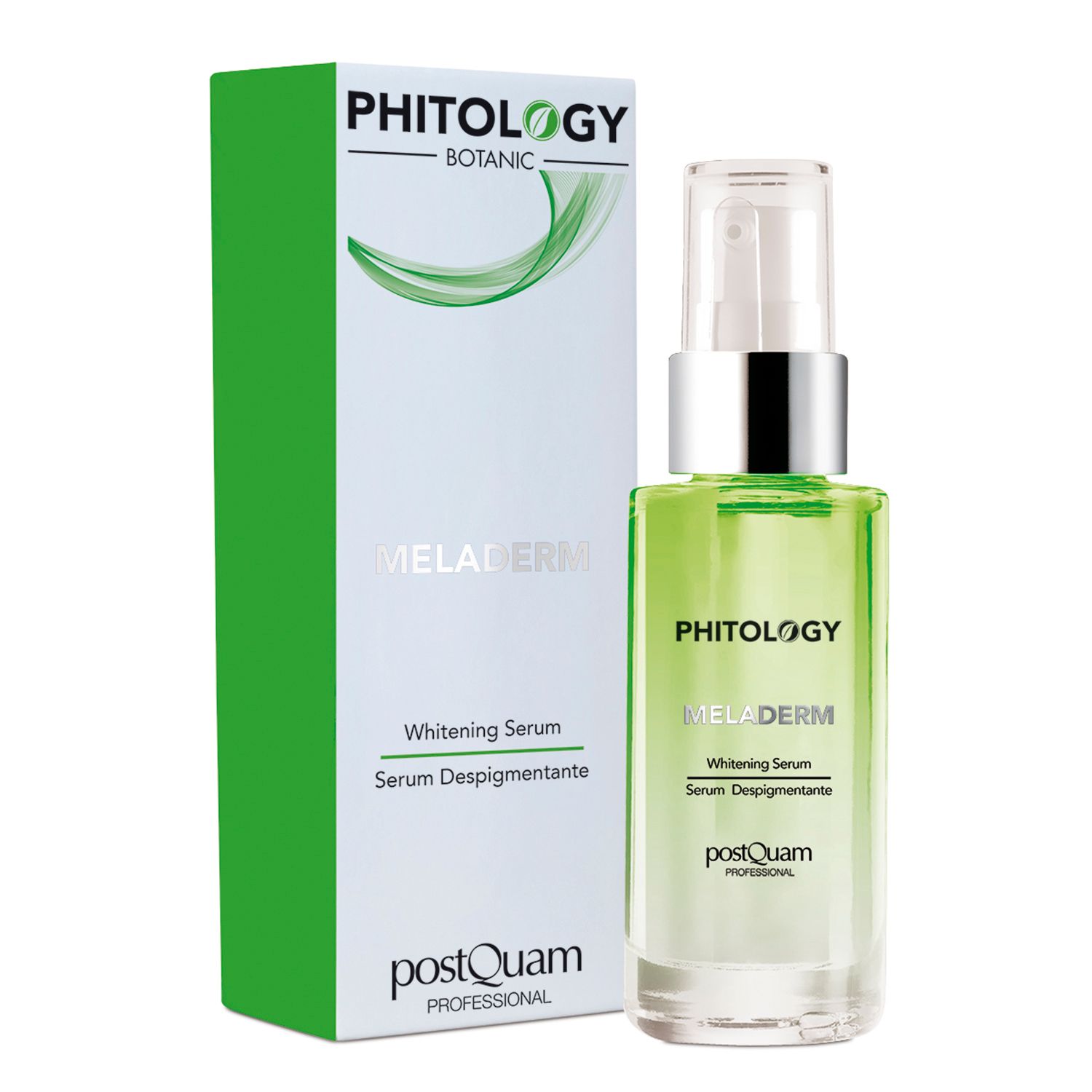 Serumflasche und Verpackung. Aufschrift: PHITOLOGY, MELADERM, Whitening Serum, Serum Despigmentante. Marke: PostQuam.