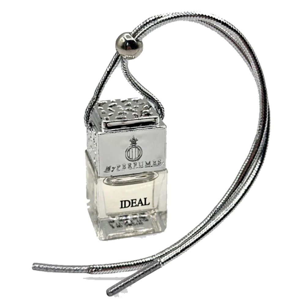 Quadratischer Auto-Duft von My Perfumes. Silberfarbene Halterung mit Kordel. Aufschrift IDEAL.