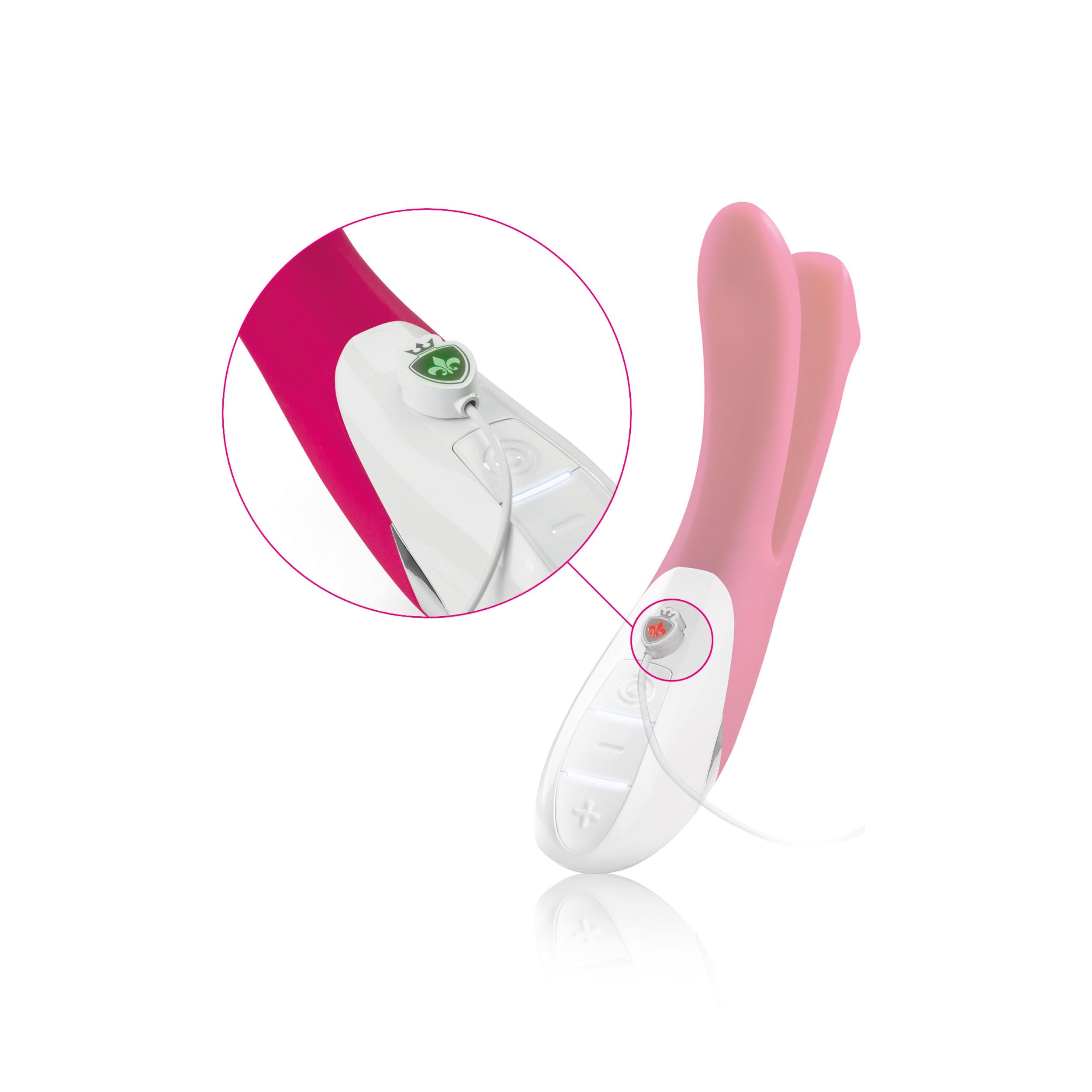Rosa Vibrator mit weißem Bedienfeld. Vergrößerte Ansicht des Bedienfelds. Zwei Köpfe.