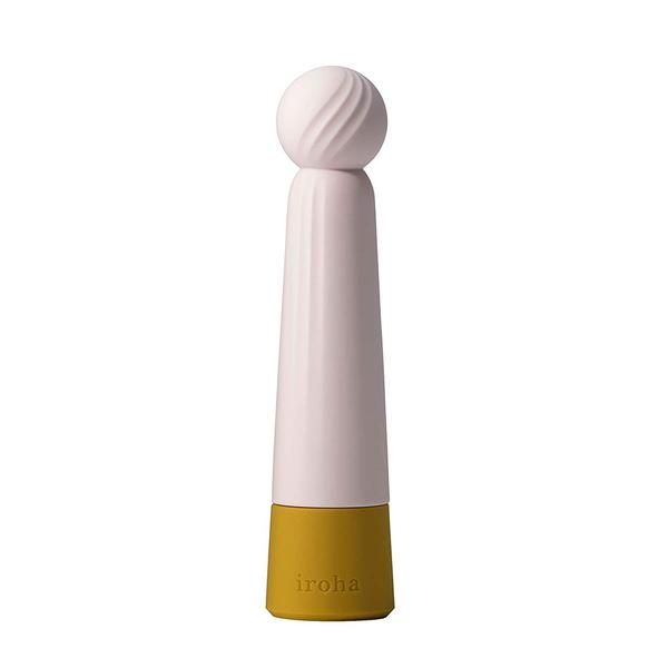 Zylindrisches Wellness-Produkt mit Kugelspitze. Rosa, weiß und goldfarben. Aufschrift "iroha".
