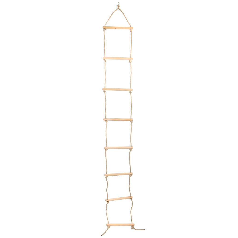 Strickleiter mit Holzsprossen und Seilen. Oben eine Schlaufe zum Aufhängen. Die Sprossen sind hell und rechteckig.