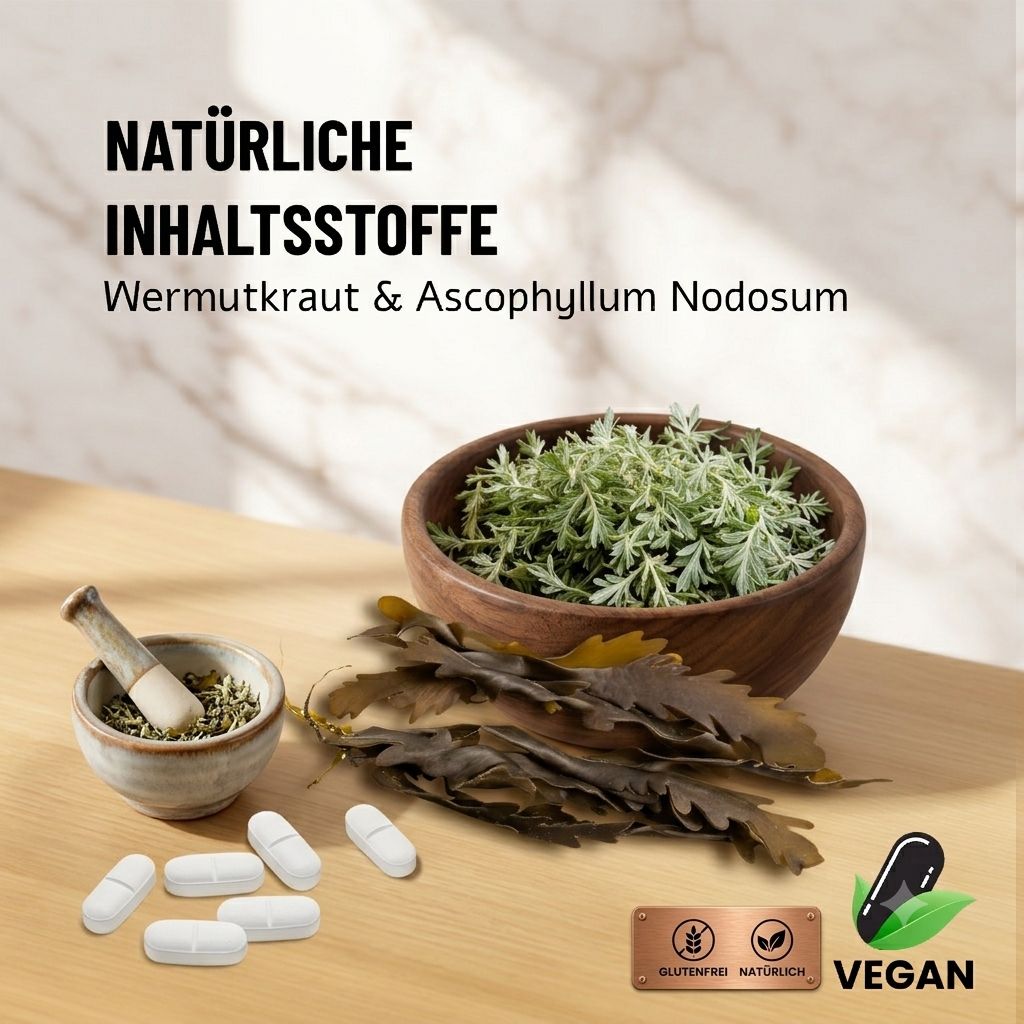 Natürliche Inhaltsstoffe: Wermutkraut und Ascophyllum Nodosum. Tabletten und Siegel.