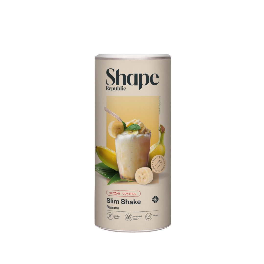 Dose mit Shake-Abbildung. Text: Slim Shake Banana. Logo Shape Republic. Vegan.