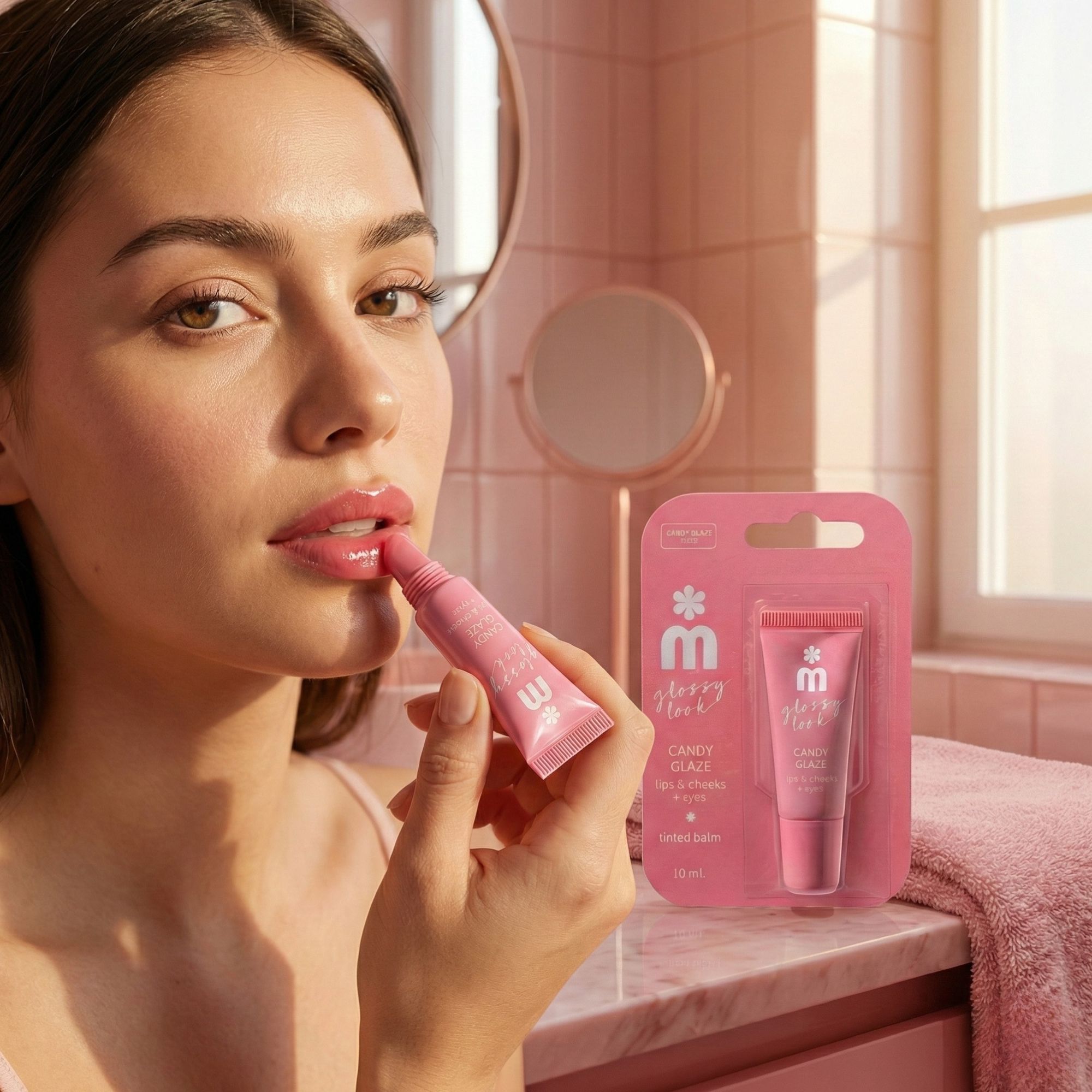 Frau trägt rosa Lippenbalsam auf. Produktname: Candy Glaze, für Lippen, Wangen und Augenlider. Verpackung im Hintergrund.