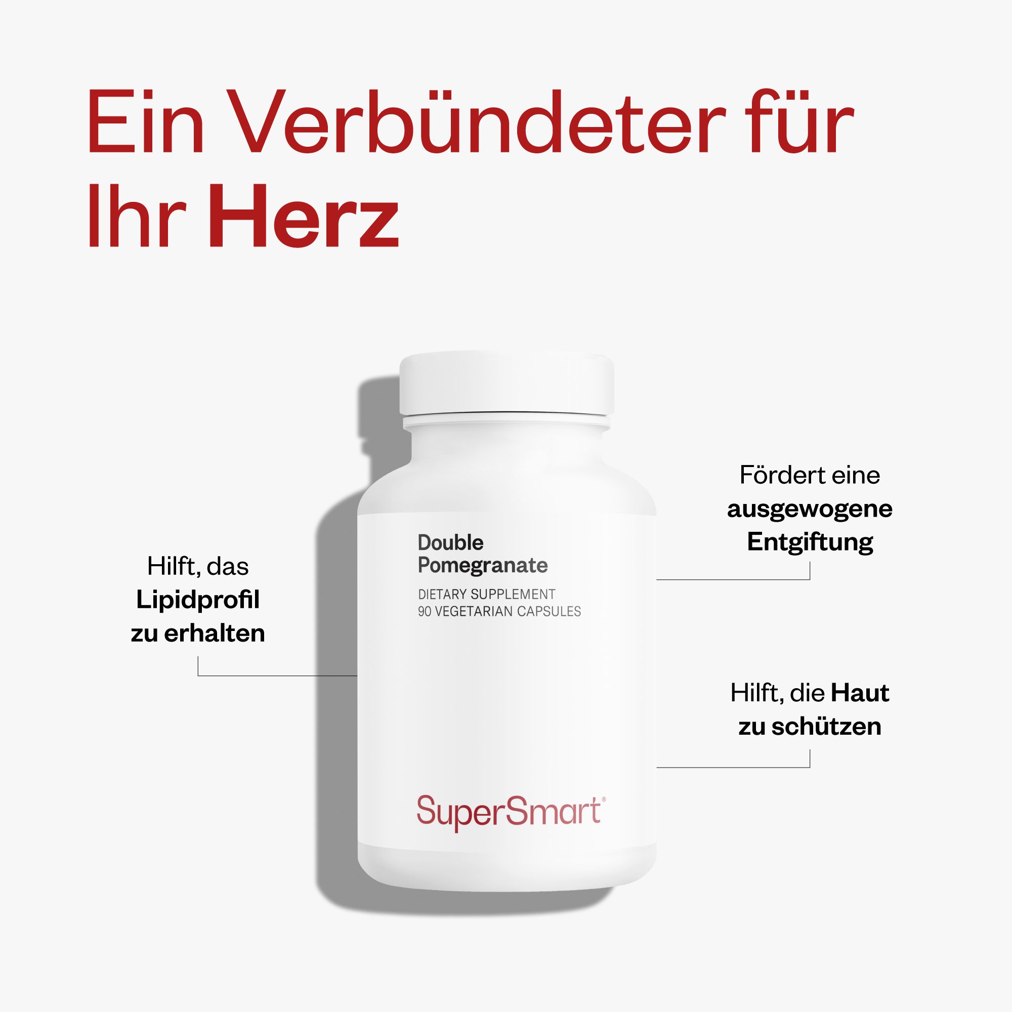 Weiße Flasche mit 'Double Pomegranate' und 'SuperSmart' Schriftzug. Text: 'Ein Verbündeter für Ihr Herz'.