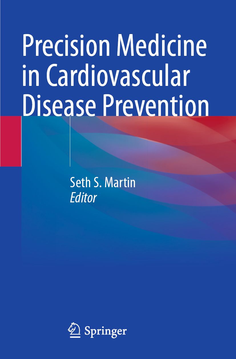 Buchcover: "Precision Medicine in Cardiovascular Disease Prevention". Autor: Seth S. Martin. Verlag: Springer. Blauer Hintergrund mit farbigen Akzenten.