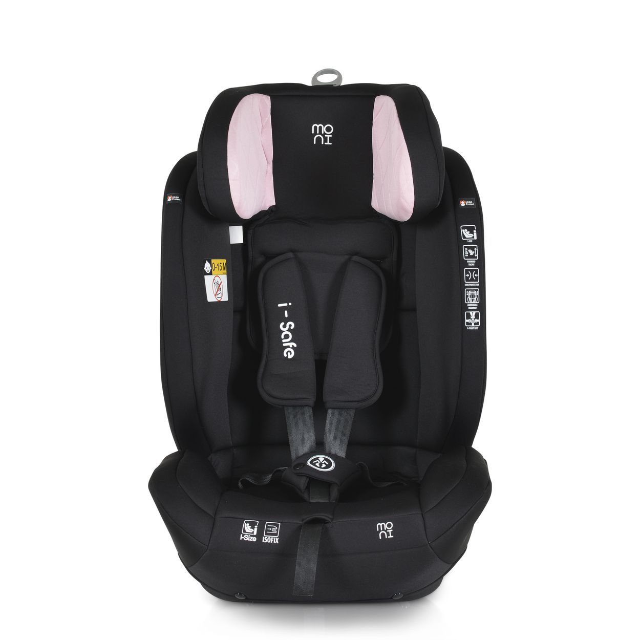 Schwarzer Kindersitz mit rosa Akzenten und verstellbarer Kopfstütze.