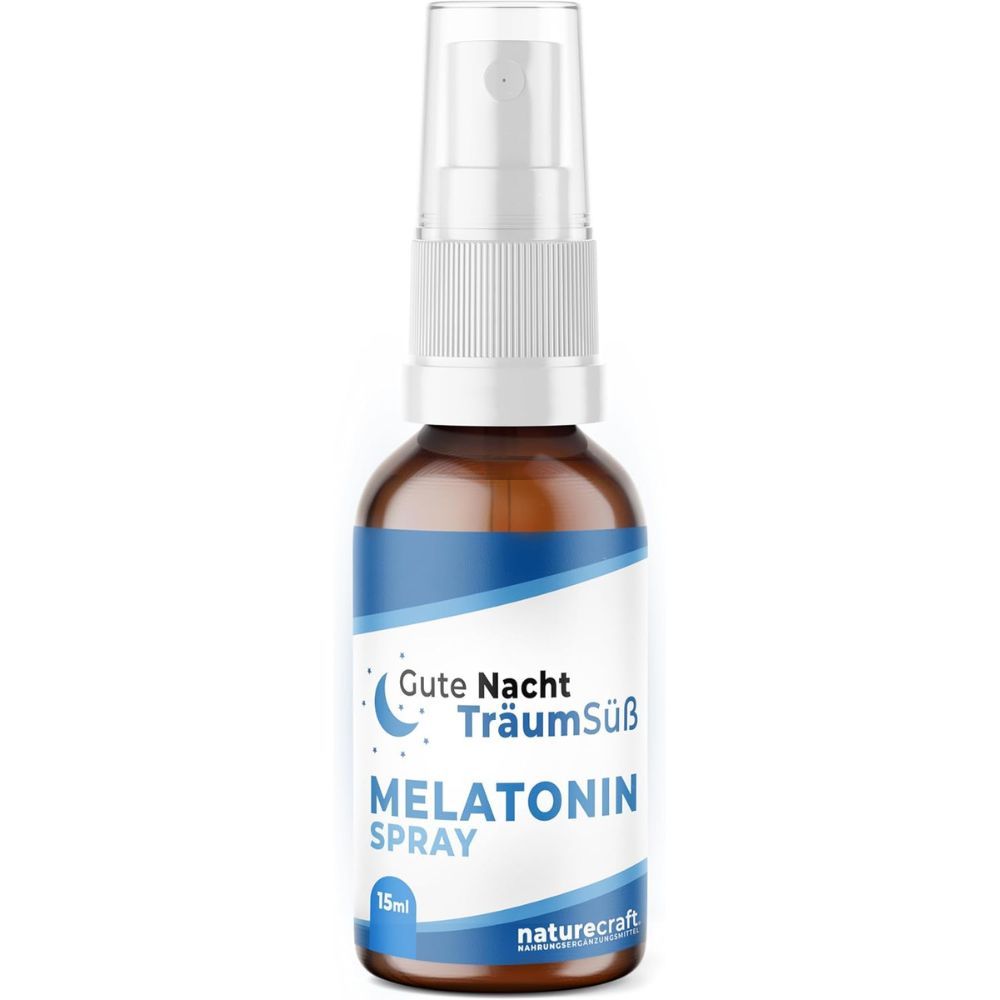 Braune Flasche mit weißem Sprühkopf. Etikett mit "Gute Nacht TräumSüß" und "Melatonin Spray".