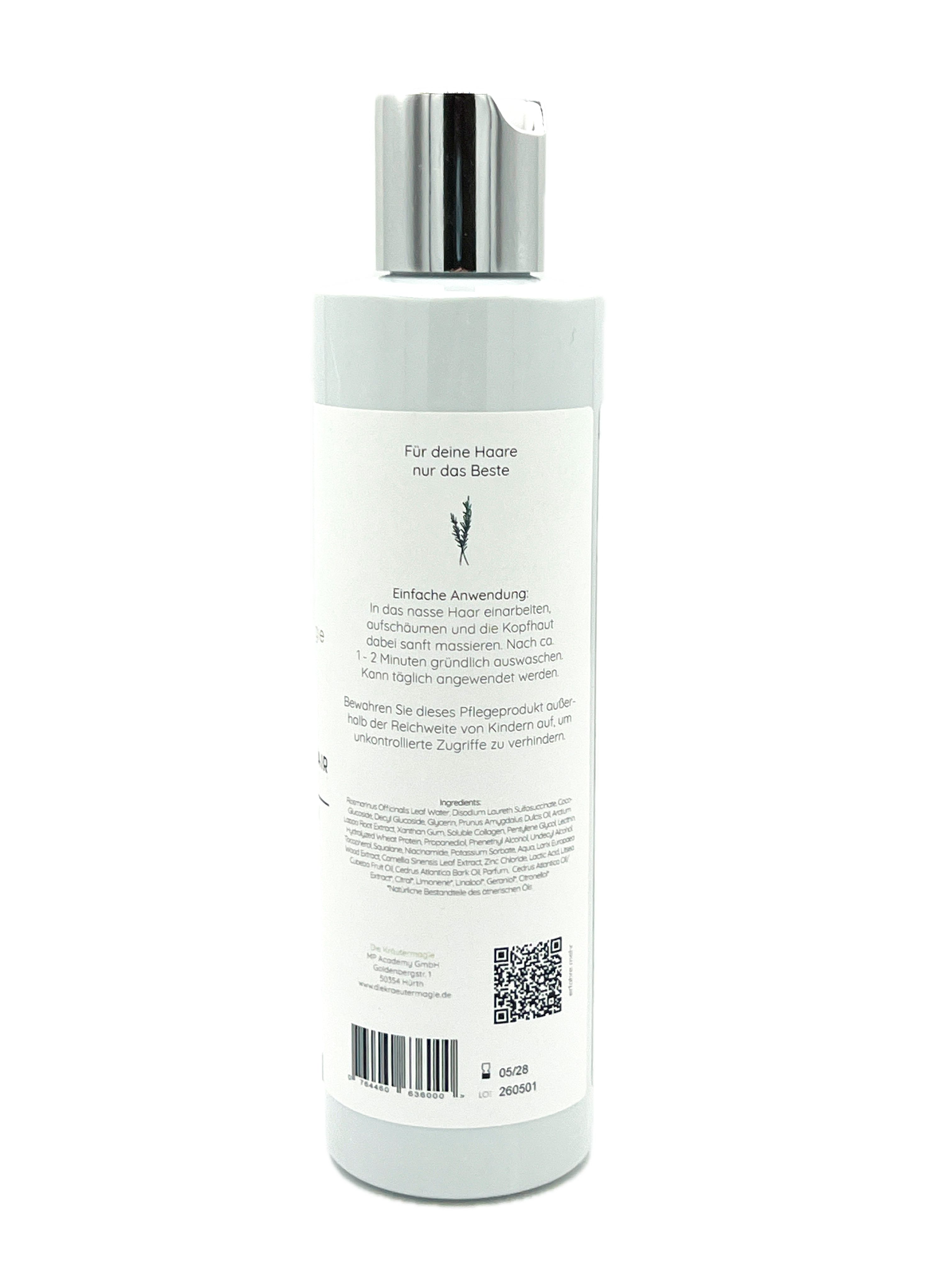 Rückseite der Shampoo-Flasche. Text: Anwendungshinweise, Inhaltsstoffe, QR-Code. Logo: Die Kräutermagie.