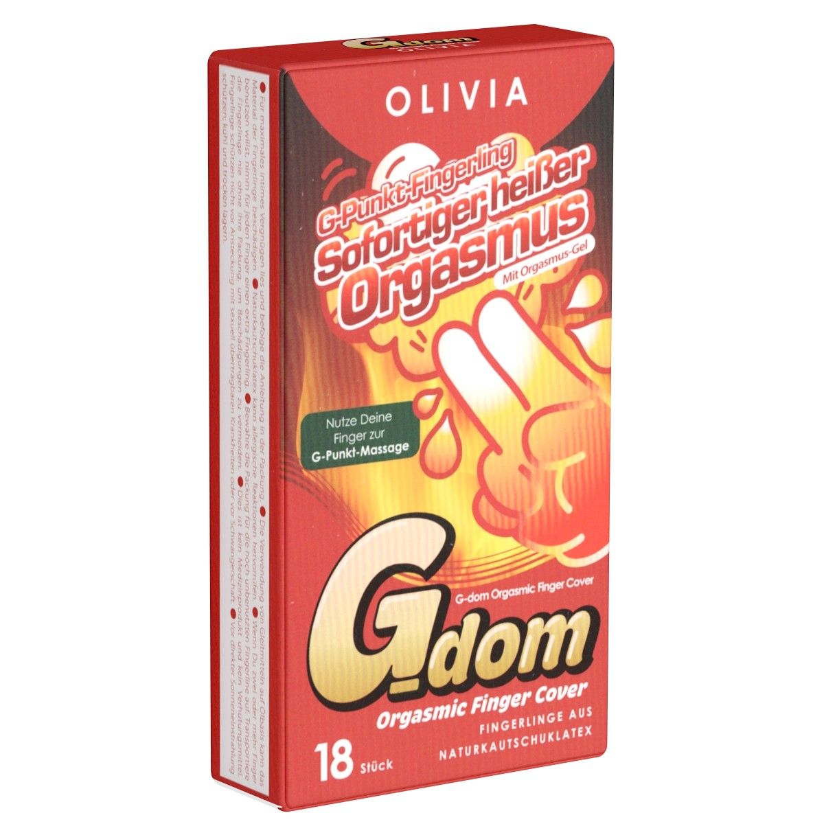Rote Verpackung mit Produktnamen Olivia und G-dom. Text: G-Punkt Fingerling, Sofortiger heißer Orgasmus. 18 Stück. Fingerlinge aus Naturkautschuklatex.