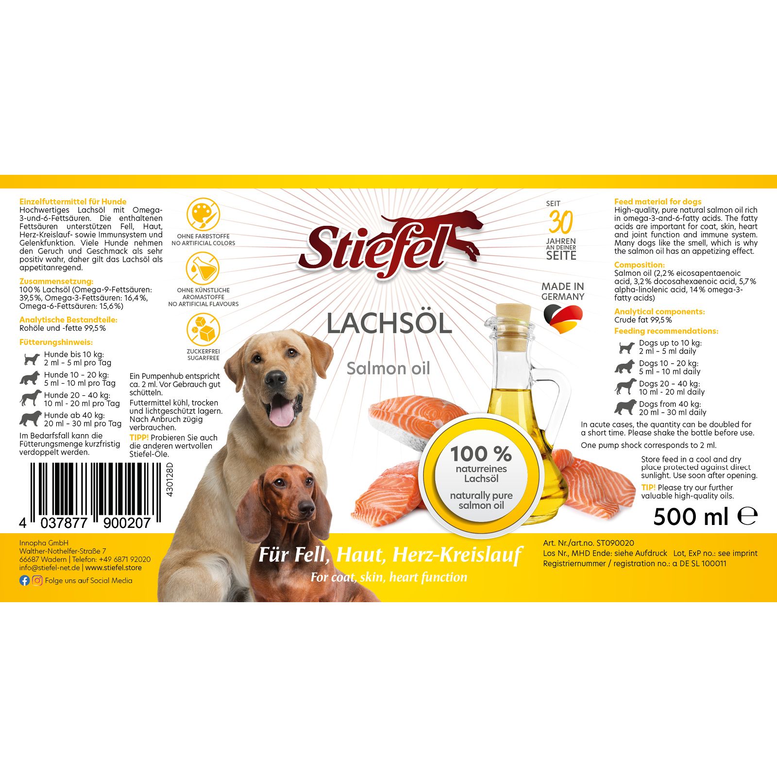 Flasche mit Stiefel Lachsöl, Etikett mit Produktinformationen und Abbildung von Hunden und Lachs. 500 ml.