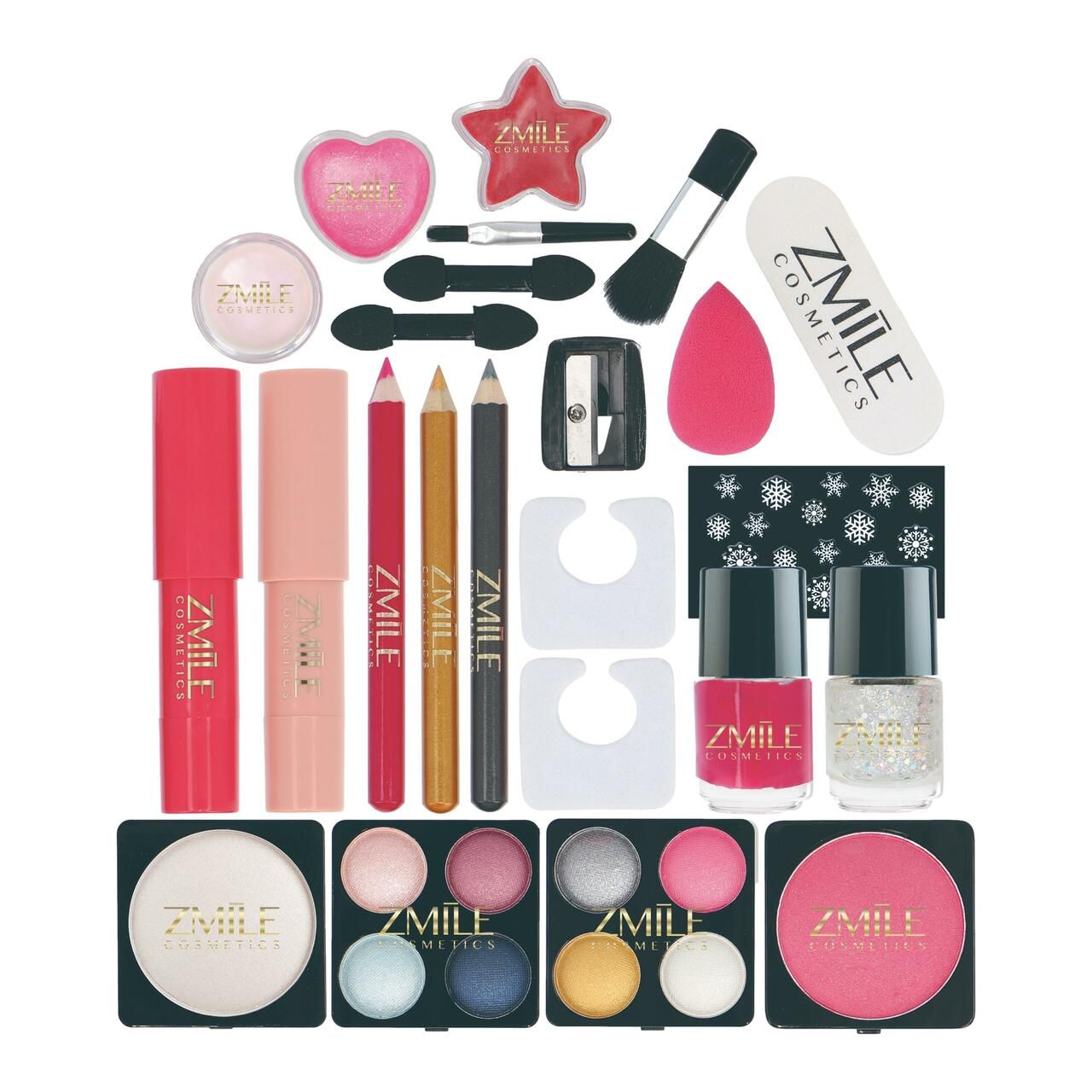 ZMILE Cosmetics Set. Enthält Lippenstifte, Lidschatten, Pinsel, Nagellack und weitere Kosmetikartikel. Verschiedene Farben.