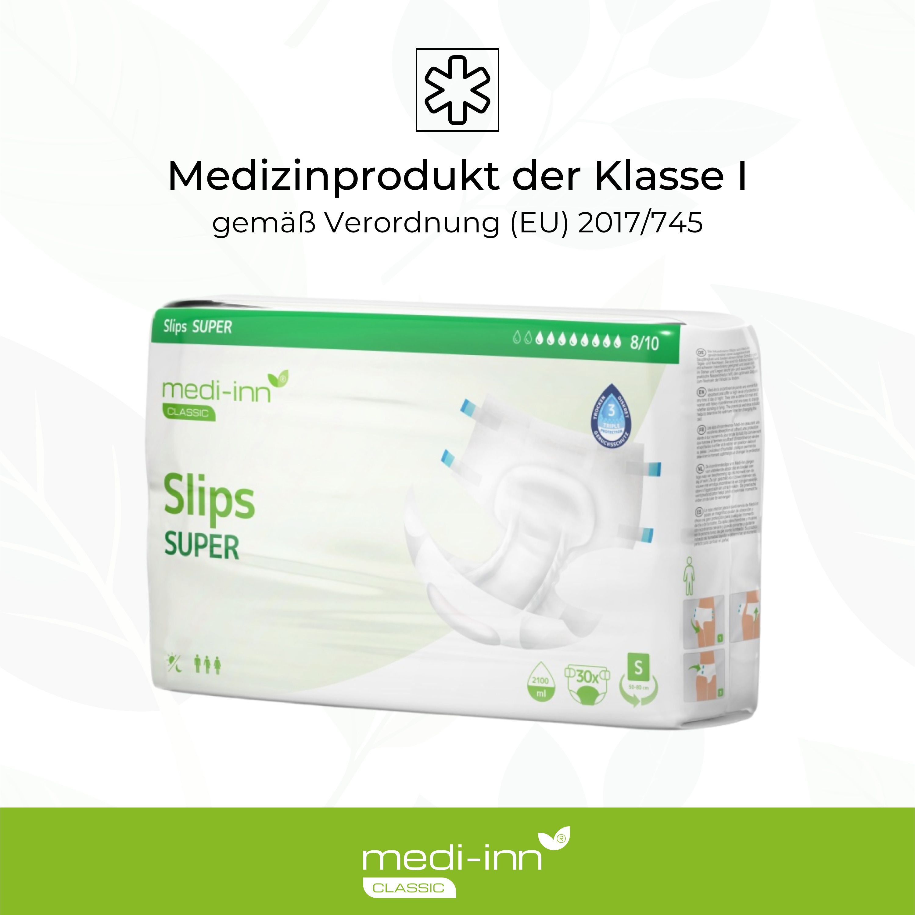Verpackung von Medi-Inn Slips SUPER. Grün-weiße Verpackung mit Produktabbildung, Tropfensymbol und der Aufschrift "8/10". Medizinprodukt.