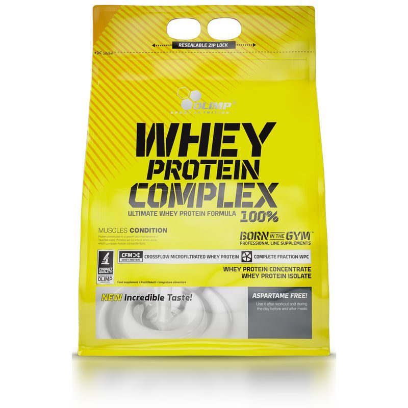 Gelbe Verpackung mit Aufschrift Whey Protein Complex 100%. Enthält Informationen zu Inhaltsstoffen und Qualitätssiegeln.