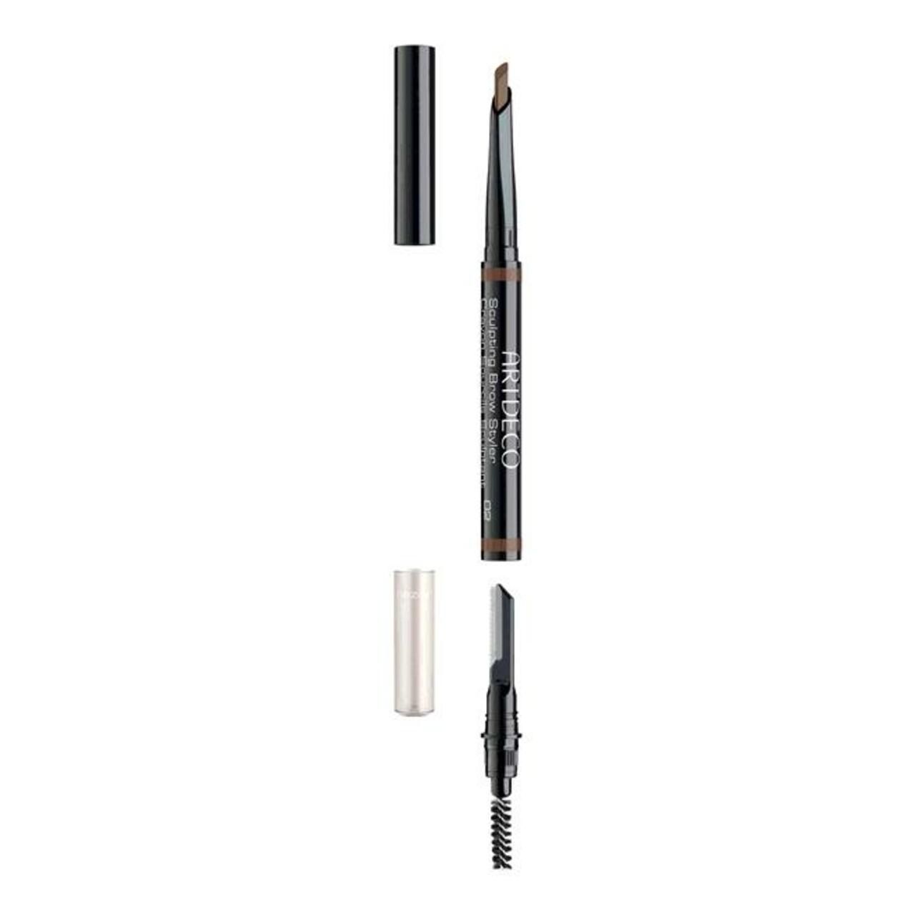 Artdeco Sculpting Brow Styler. Dunkelbrauner Augenbrauenstift mit Bürste und Kappe. Schwarzer Stift mit silberner Schrift.