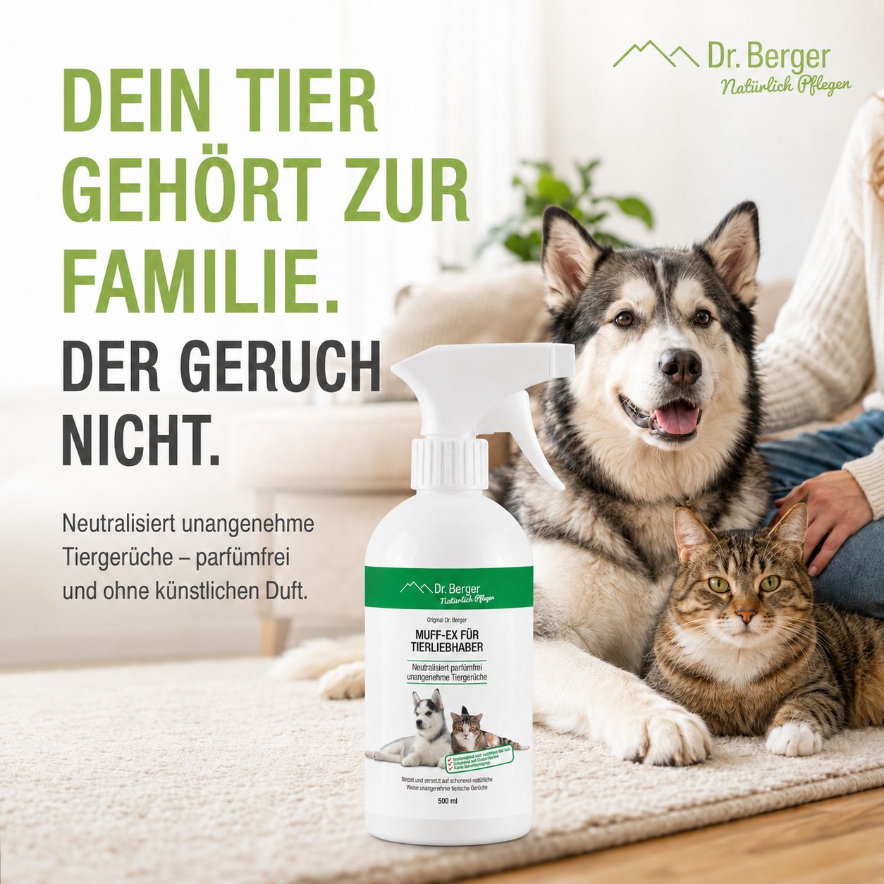 Sprühflasche neben einem großen Hund und einer Katze auf einem Teppich.