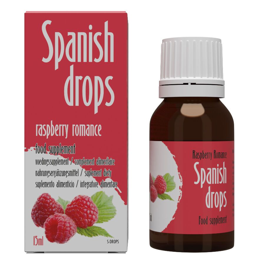 Produktverpackung und Flasche. Aufschrift "Spanish drops, raspberry romance, food supplement". Abbildung von Himbeeren. Flasche mit weißem Verschluss.