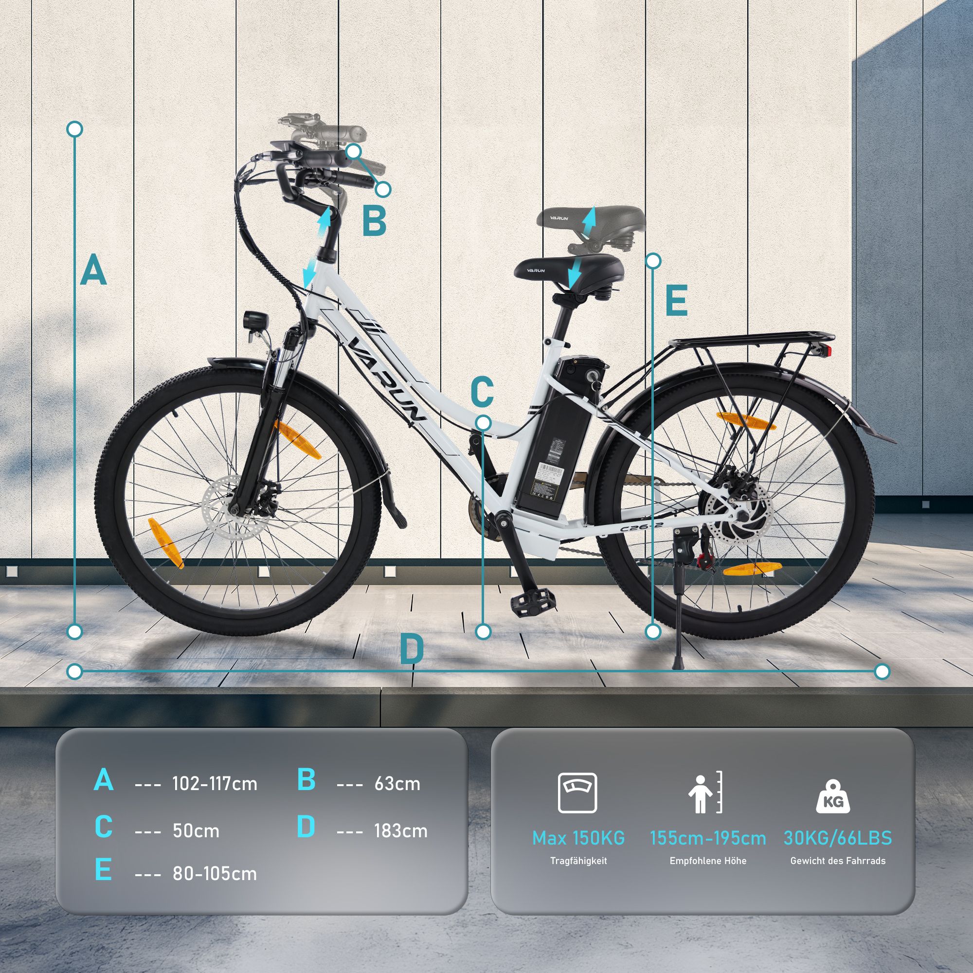 Weißes E-Bike mit Maßen. A: 102-117cm, B: 63cm, C: 50cm, D: 183cm, E: 80-105cm. Max. 150kg Tragfähigkeit, 155cm-195cm empfohlene Höhe.